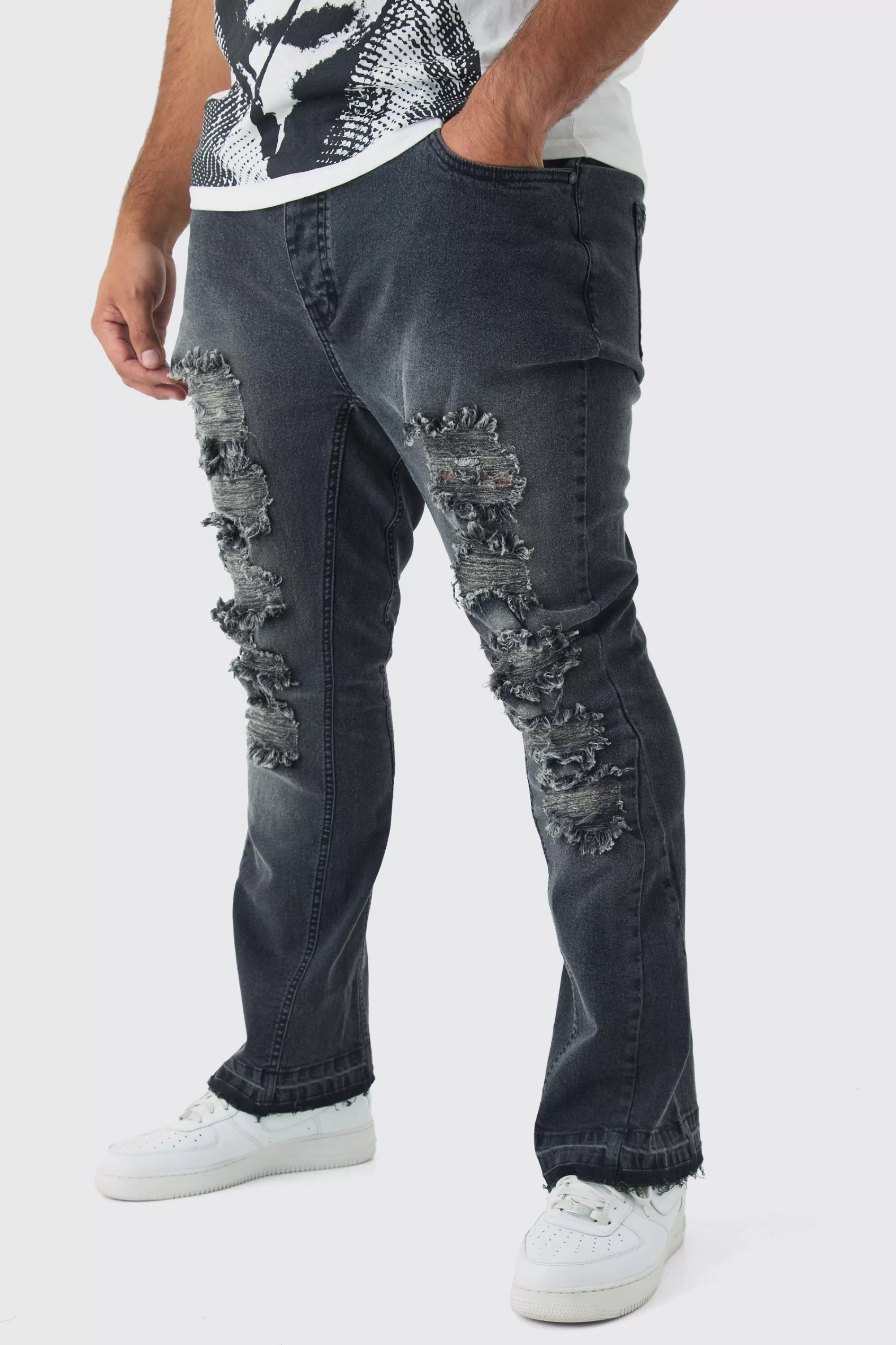 boohooMAN Plus Ripped Gusset Detail Stretch Skinny Flared Jeans | UK