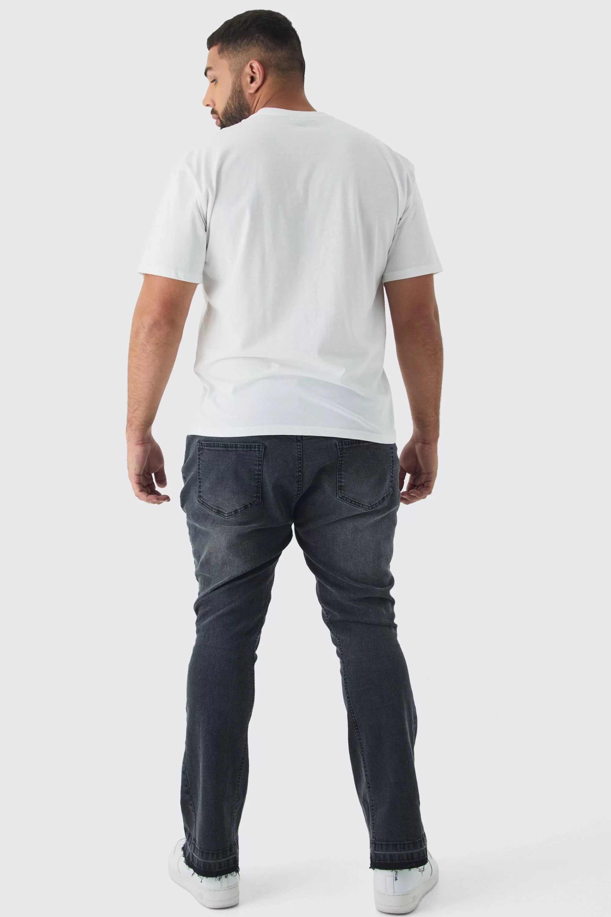 boohooMAN Plus Ripped Gusset Detail Stretch Skinny Flared Jeans | UK