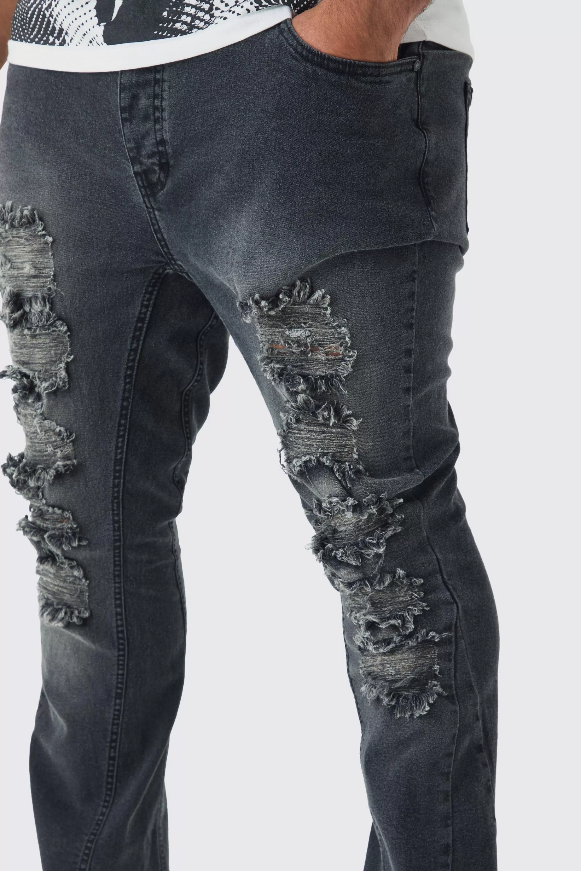 boohooMAN Plus Ripped Gusset Detail Stretch Skinny Flared Jeans | UK