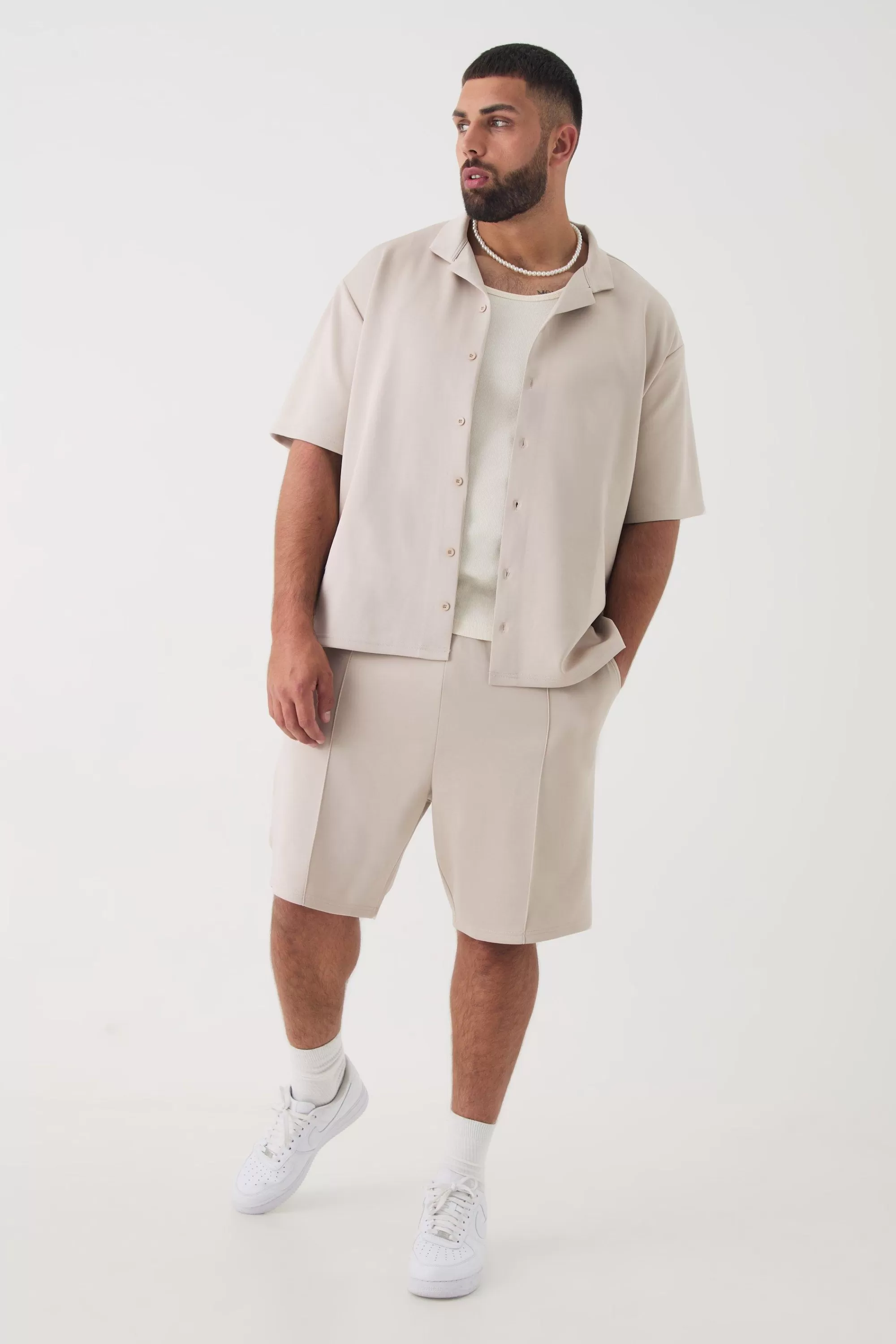 boohooMAN Plus Scuba Drop Revere Shirt & Short Set | UK