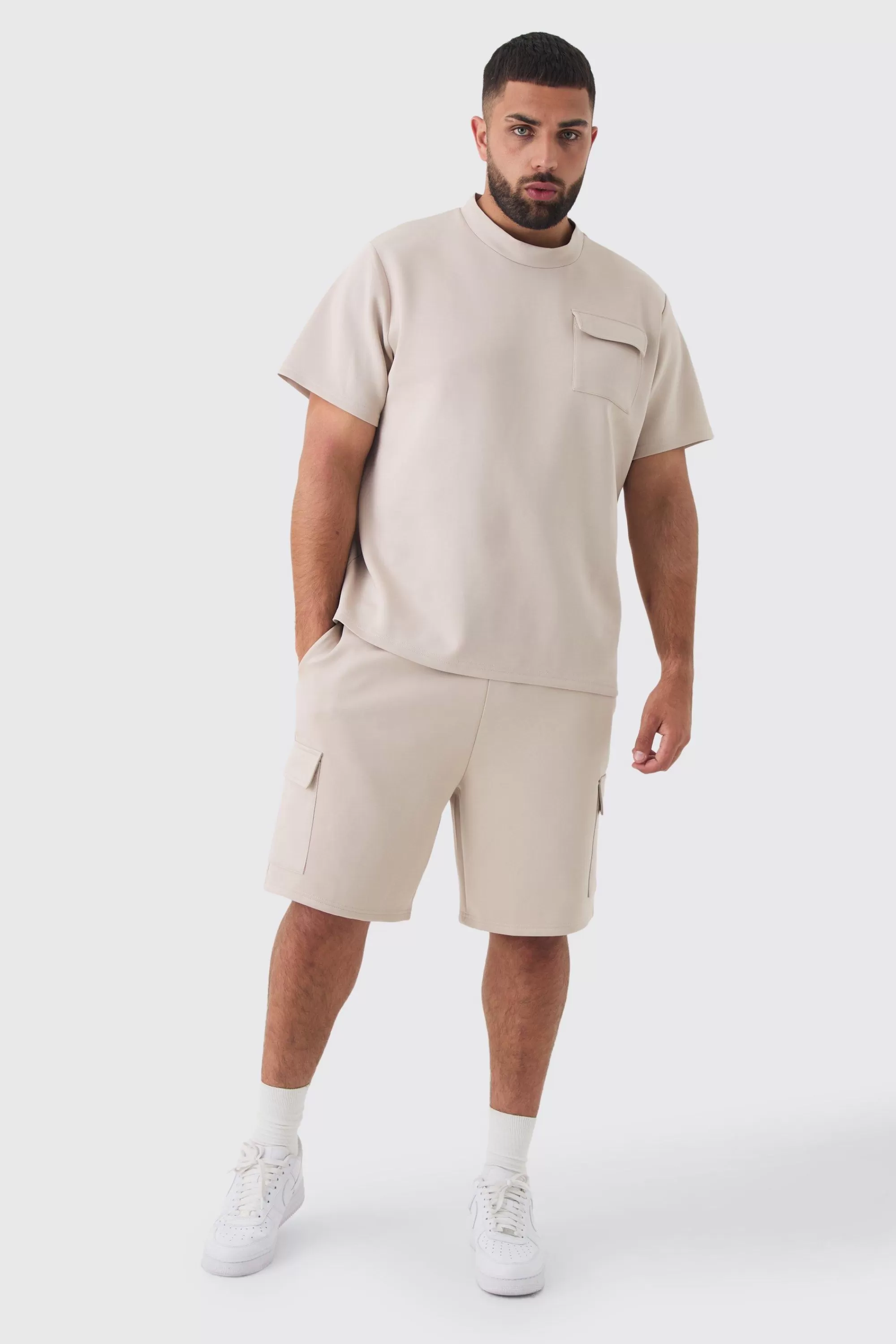 boohooMAN Plus Scuba Extended Neck Pocket T-shirt & Cargo Short Set | UK