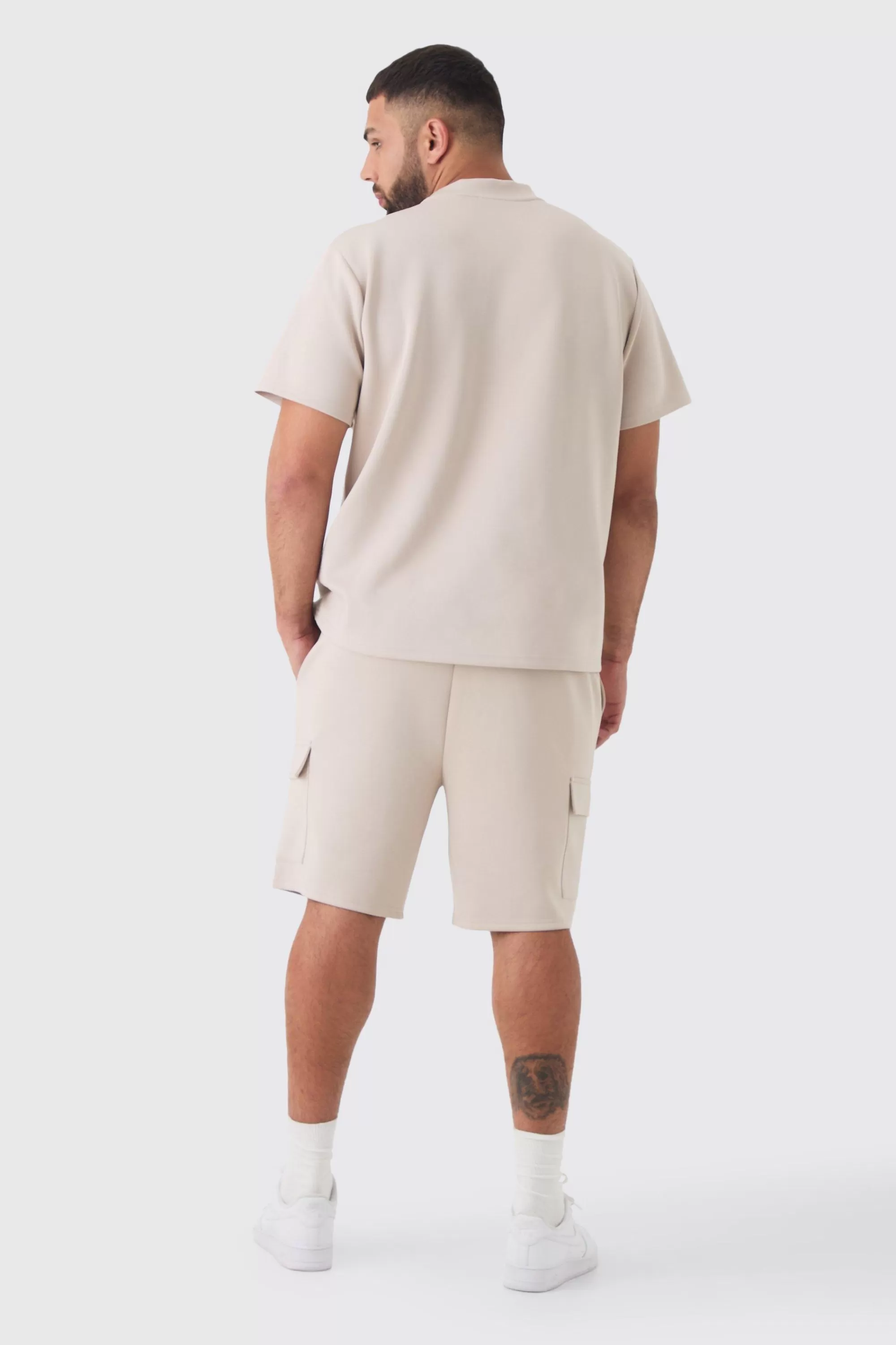 boohooMAN Plus Scuba Extended Neck Pocket T-shirt & Cargo Short Set | UK