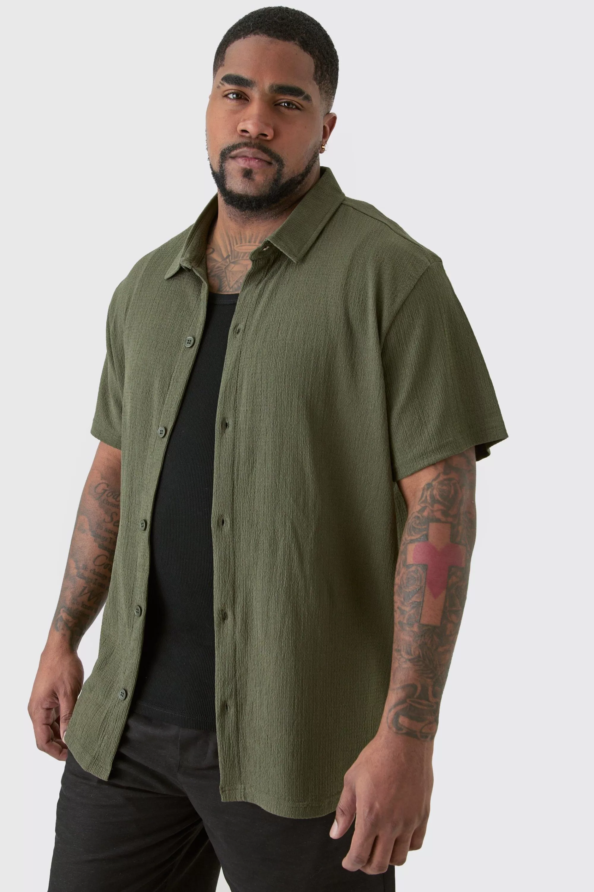 boohooMAN Plus Short Sleeve Regular Textured Shirt In | UK