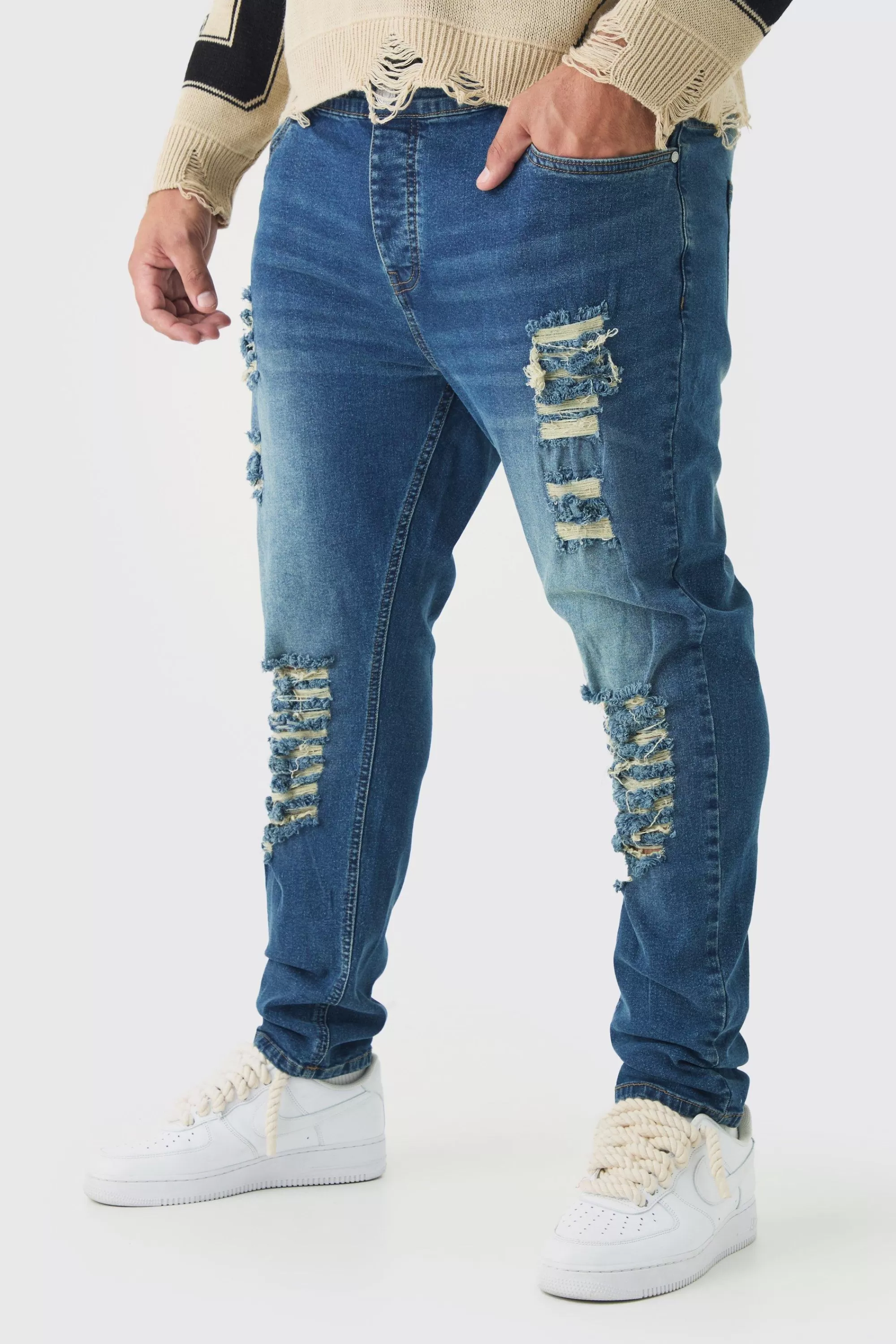 boohooMAN Plus Skinny Jeans With All Over Rips | UK