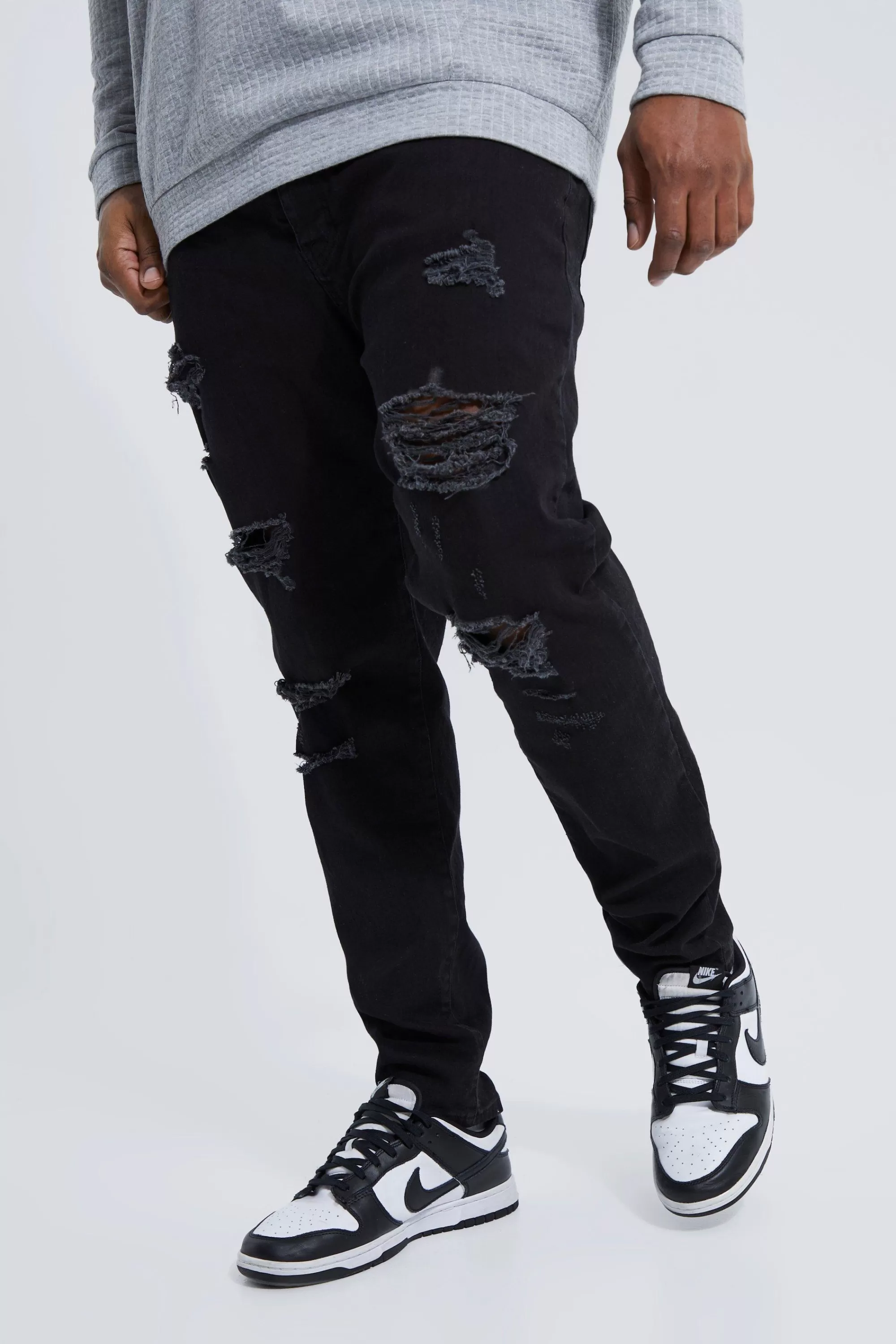 boohooMAN Plus Skinny Stretch All Over Rip Jeans | UK