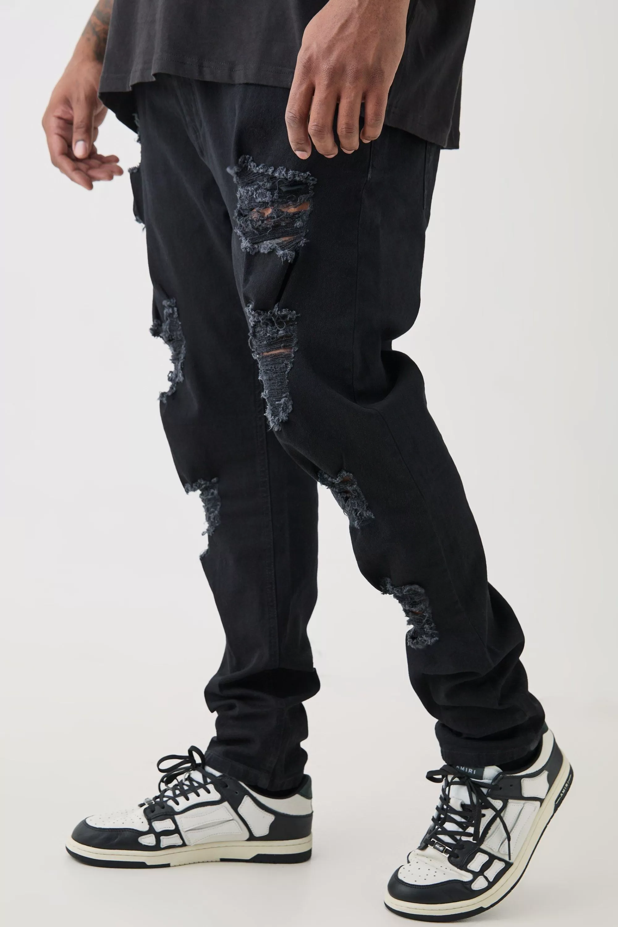 boohooMAN Plus Skinny Stretch All Over Rip Jeans | UK