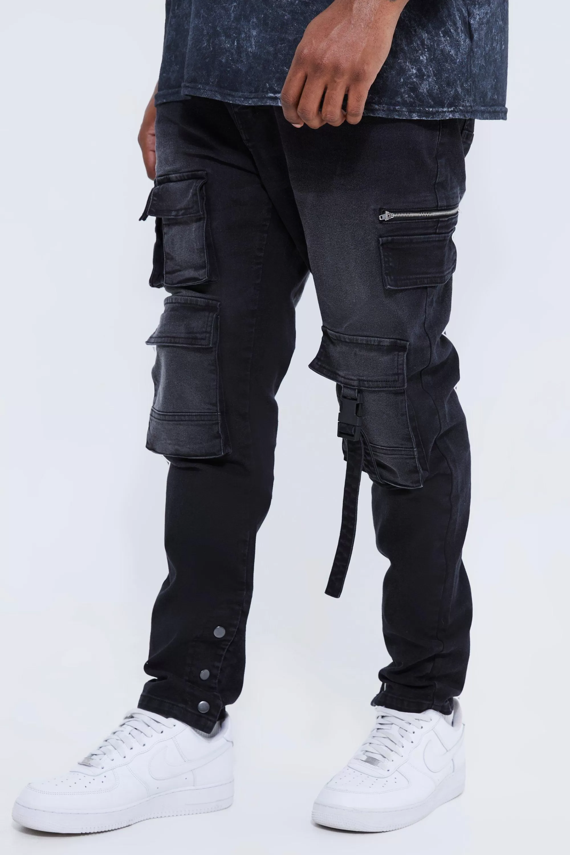 boohooMAN Plus Skinny Stretch Multi Pocket Cargo Jeans | UK