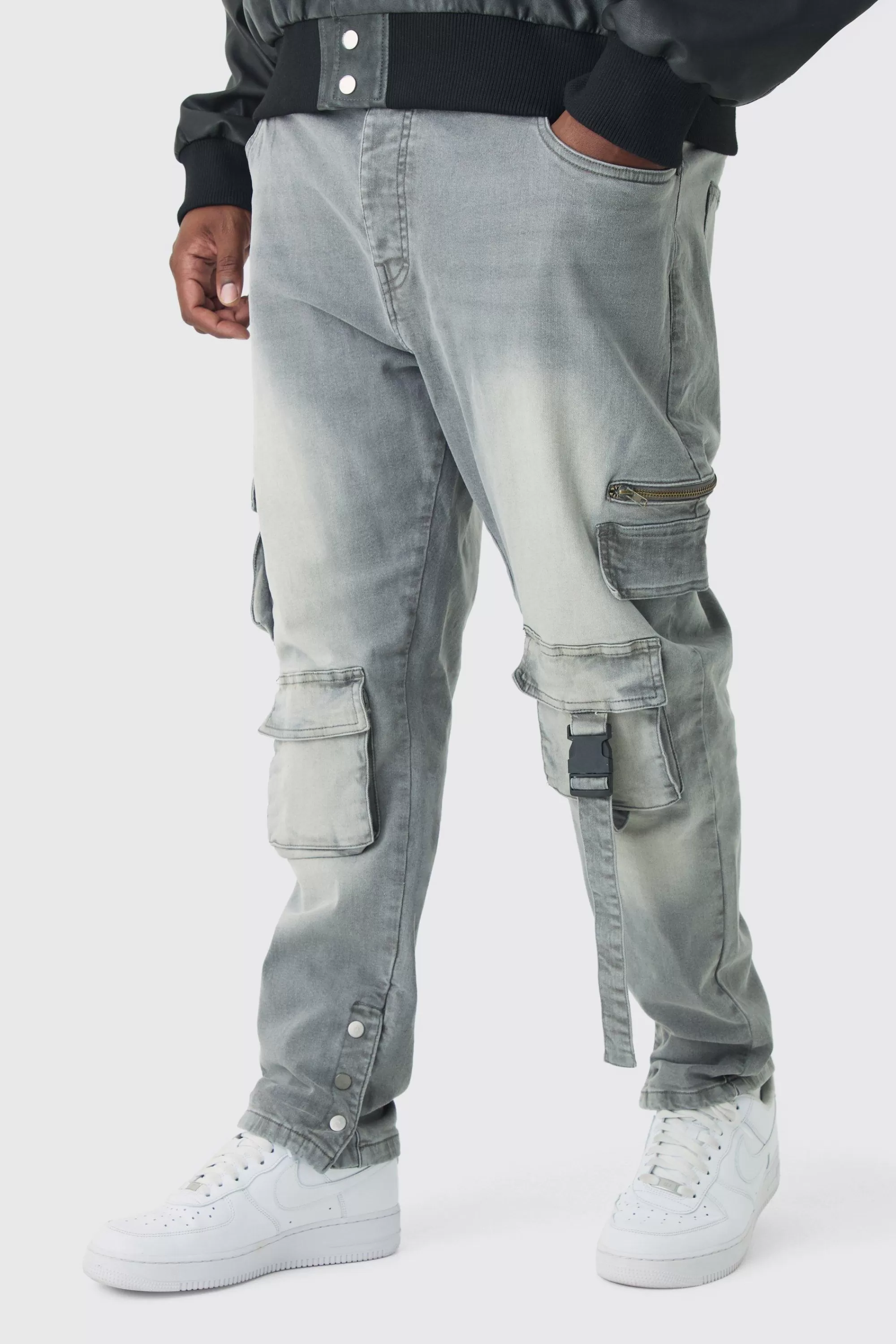 boohooMAN Plus Skinny Stretch Multi Pocket Cargo Jeans | UK
