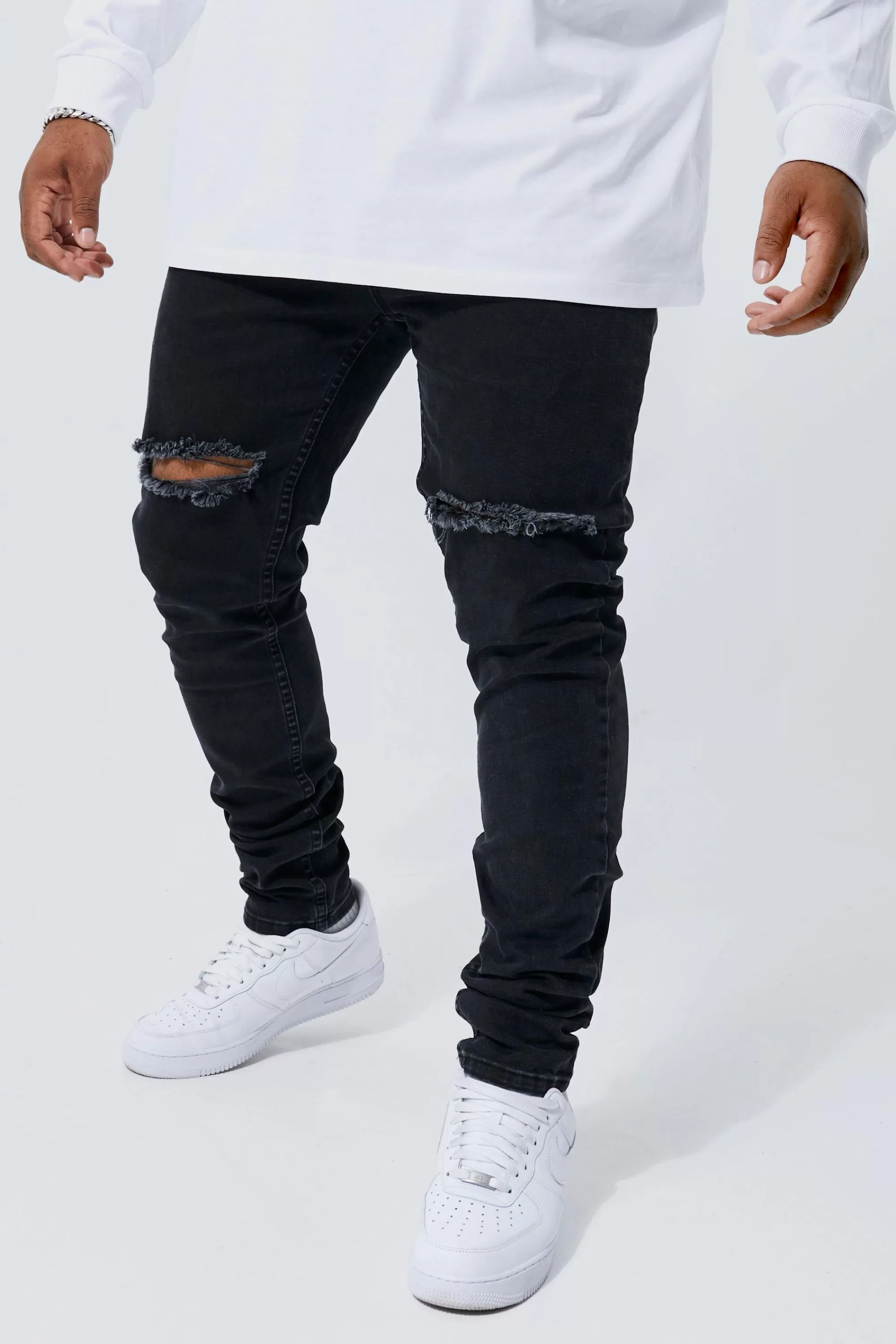 boohooMAN Plus Skinny Stretch Stacked Ripped Knee Jeans | UK