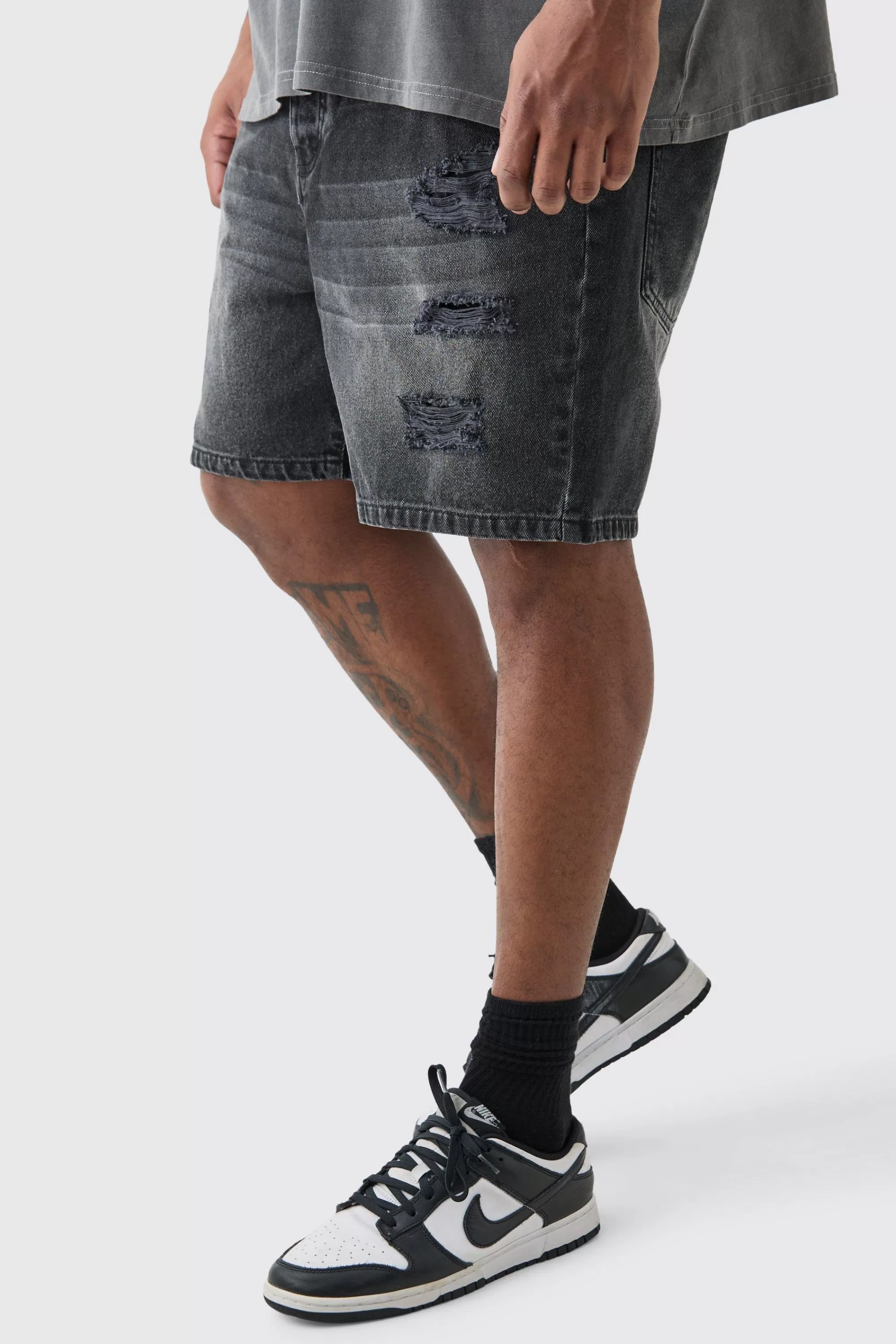 boohooMAN Plus Slim Fit Distressed Denim Shorts In | UK
