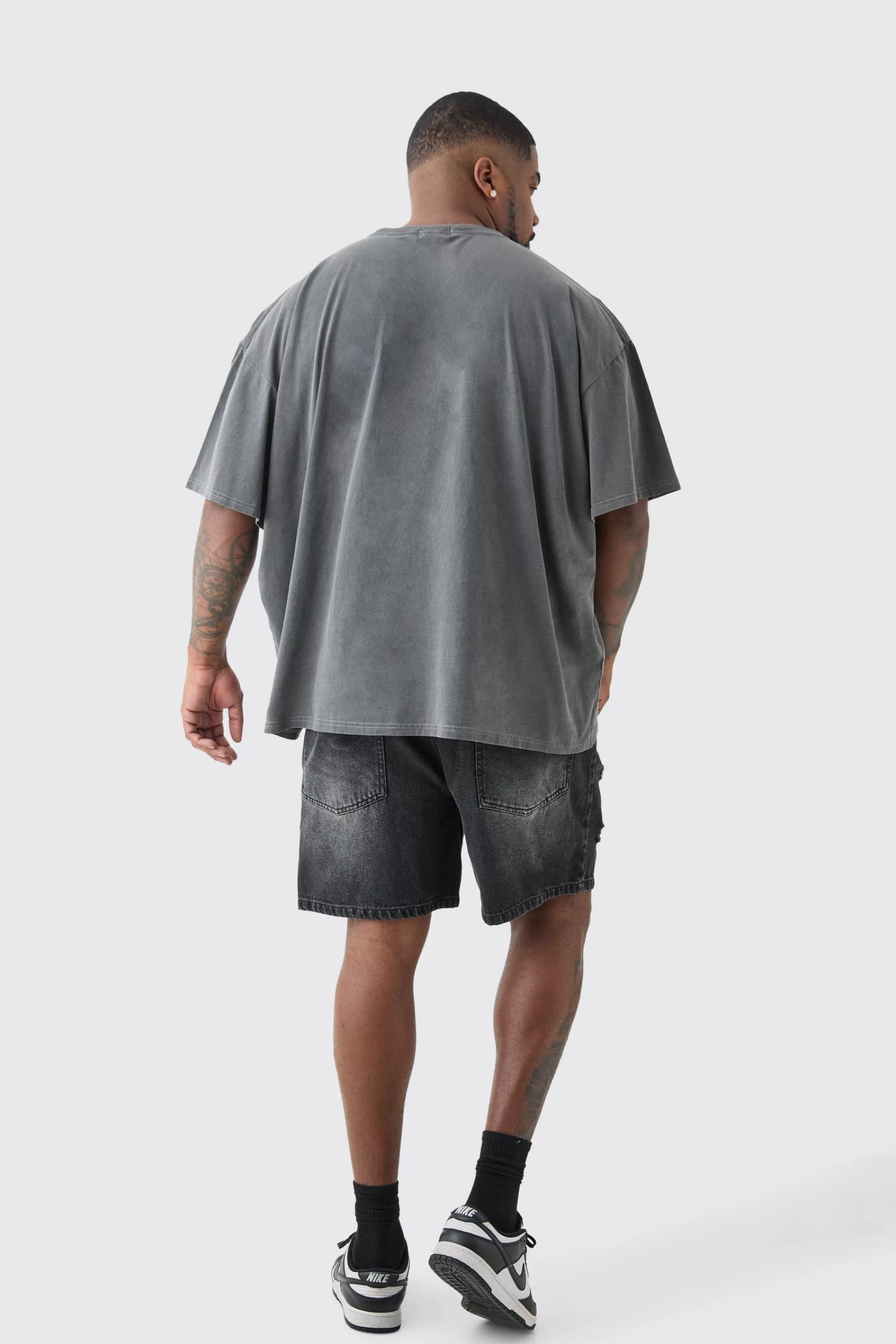 boohooMAN Plus Slim Fit Distressed Denim Shorts In | UK