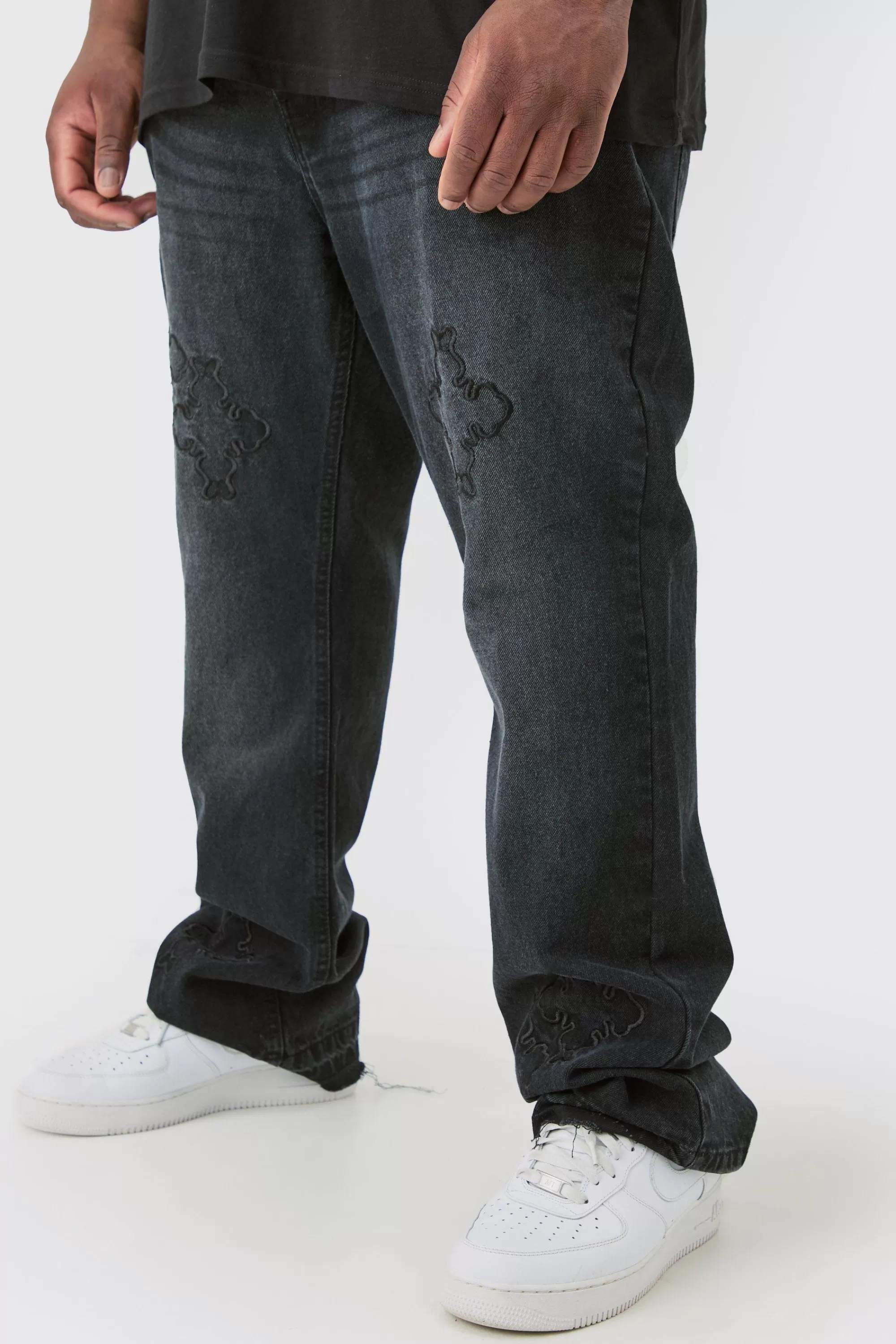 boohooMAN Plus Slim Rigid Flare Cross Applique Jean | UK