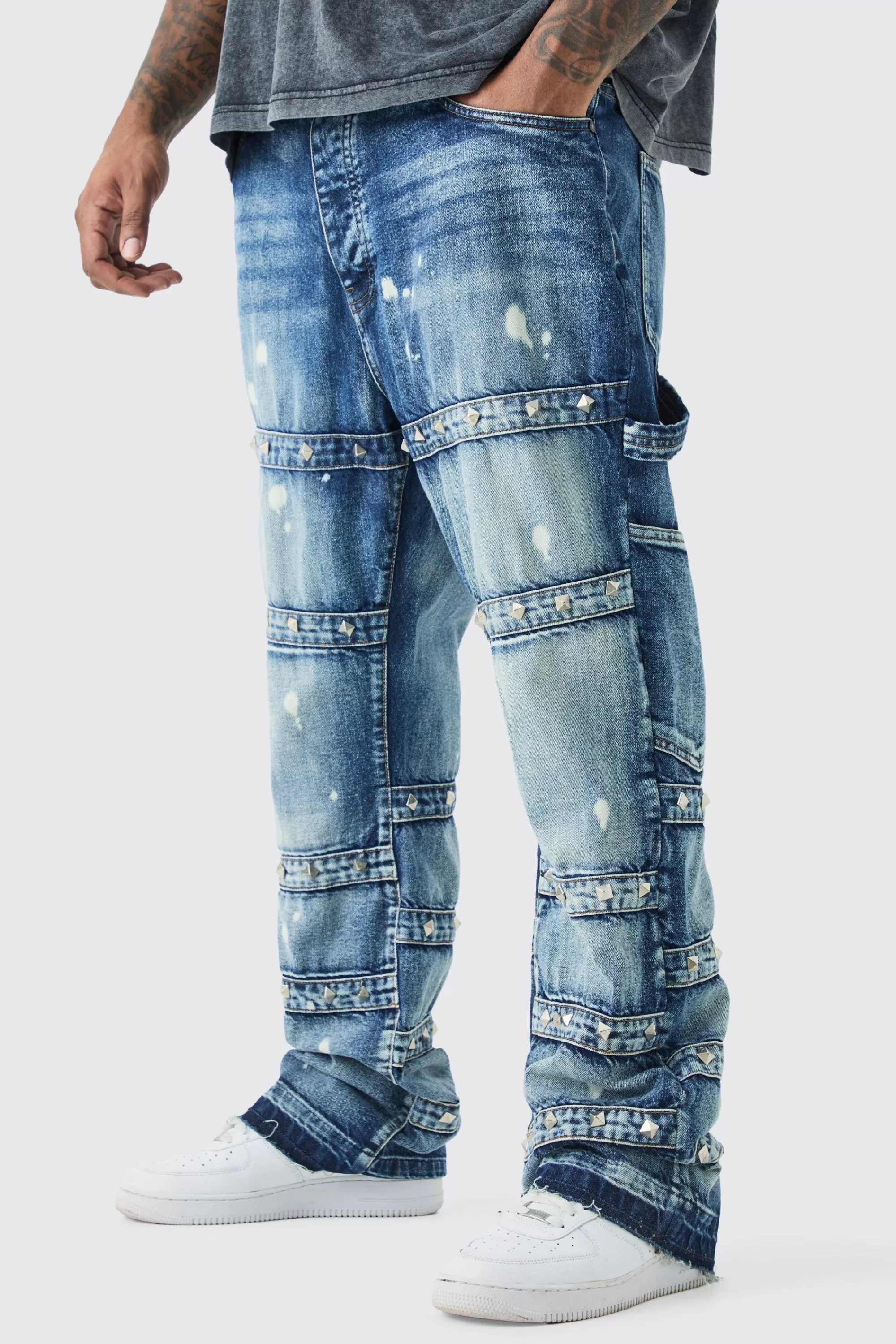 boohooMAN Plus Slim Rigid Flare Embellished Strap Detail Jeans | UK
