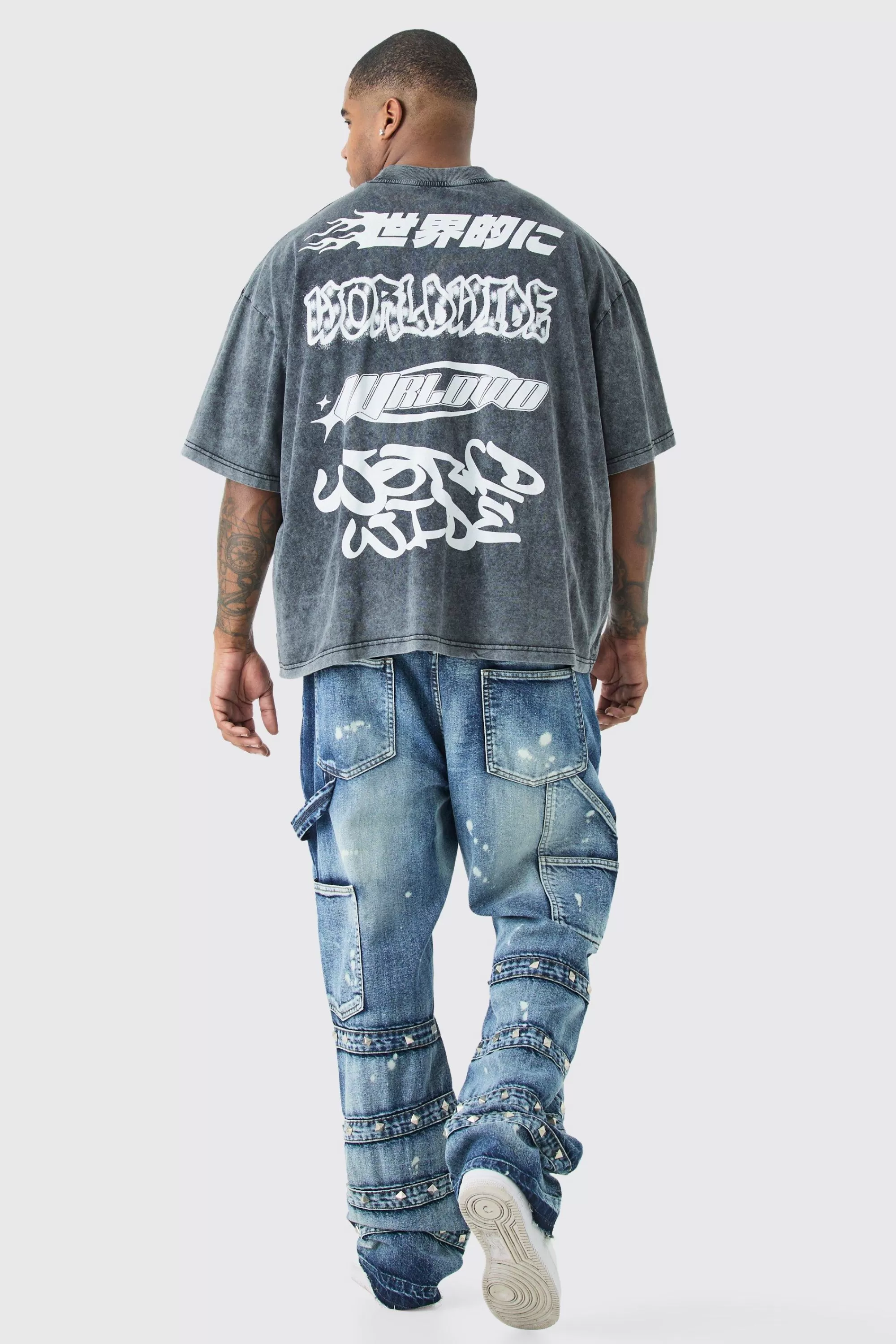 boohooMAN Plus Slim Rigid Flare Embellished Strap Detail Jeans | UK