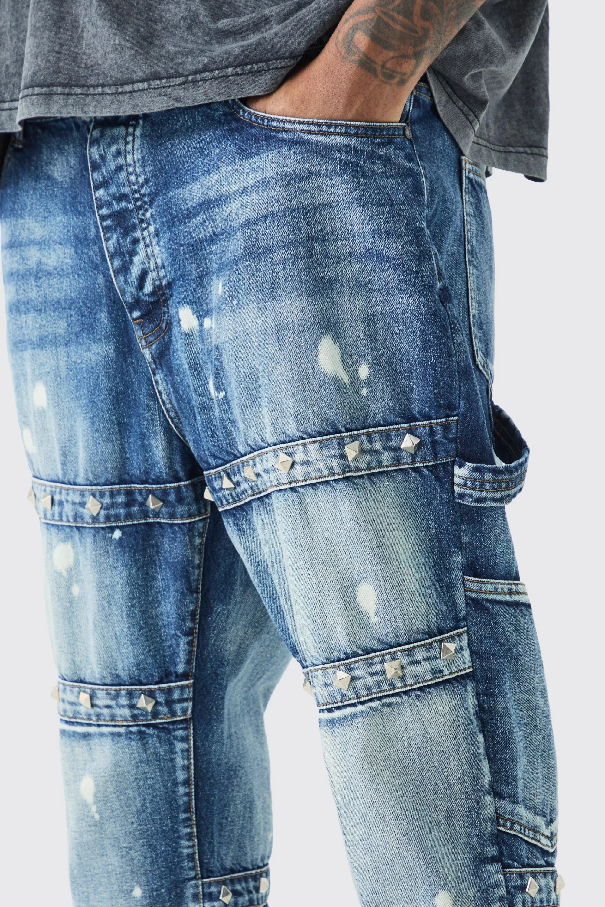 boohooMAN Plus Slim Rigid Flare Embellished Strap Detail Jeans | UK