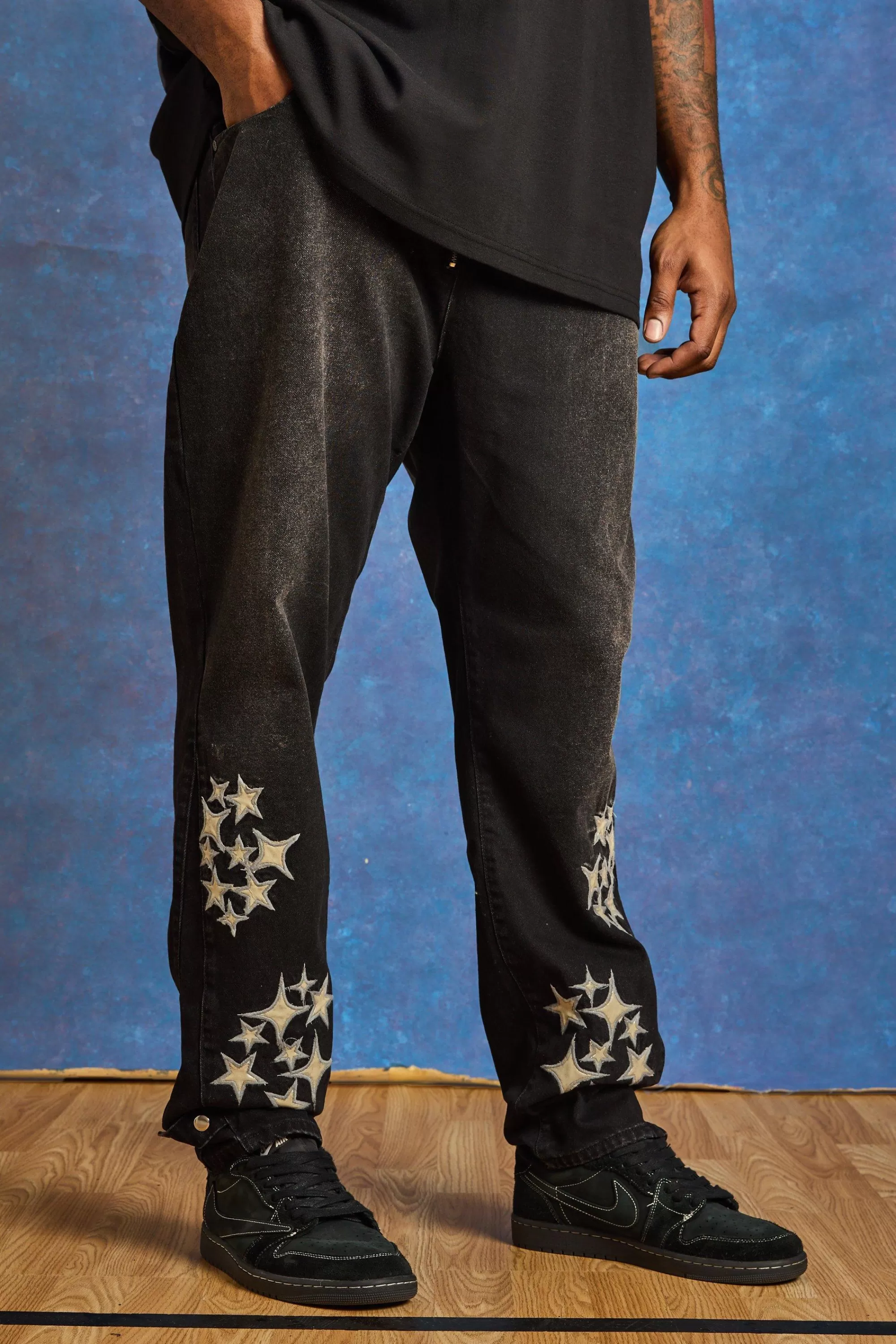 boohooMAN Plus Slim Rigid Pu Star Applique Gusset Jeans | UK