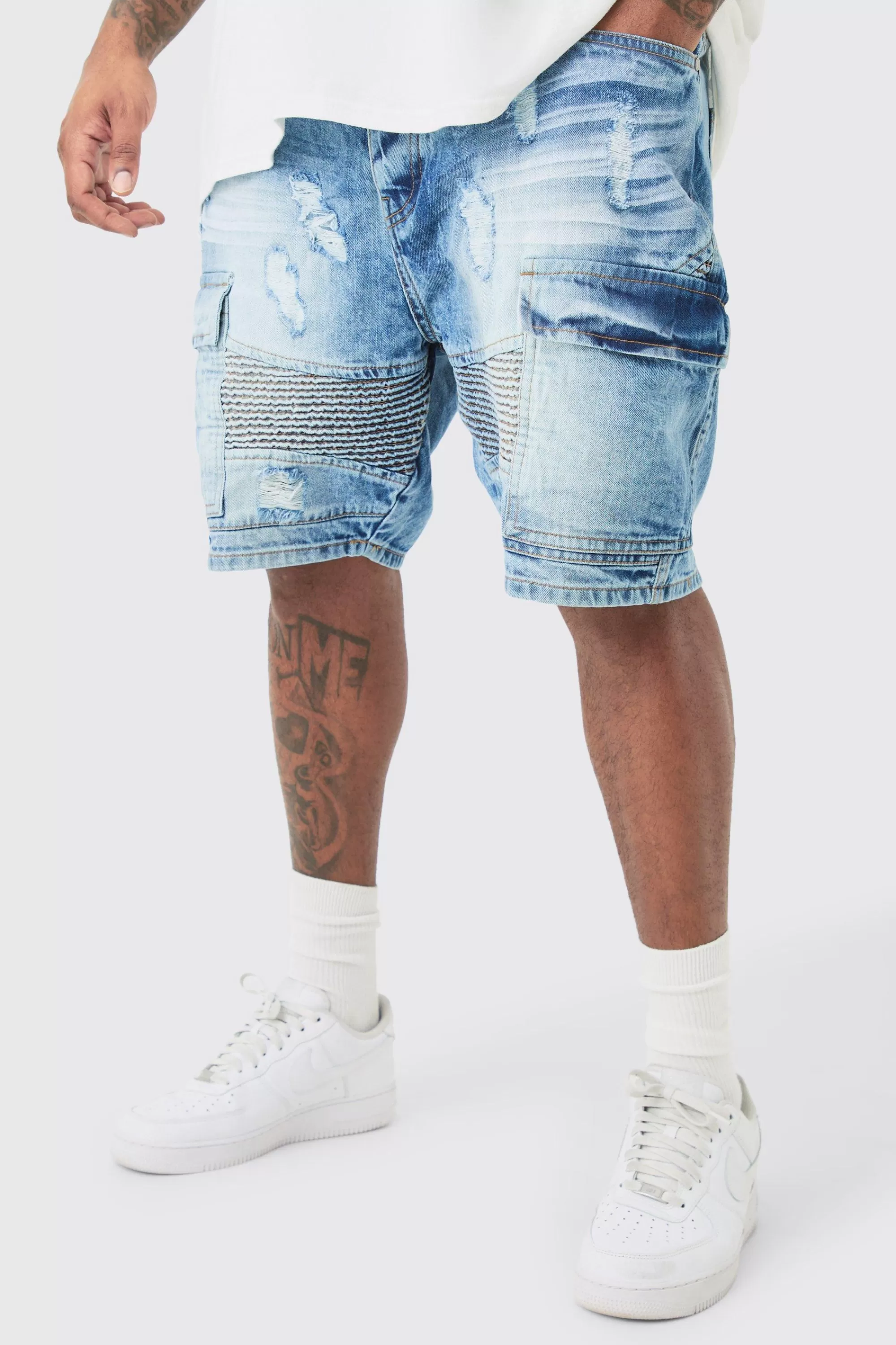 boohooMAN Plus Straight Fit Biker Denim Shorts | UK