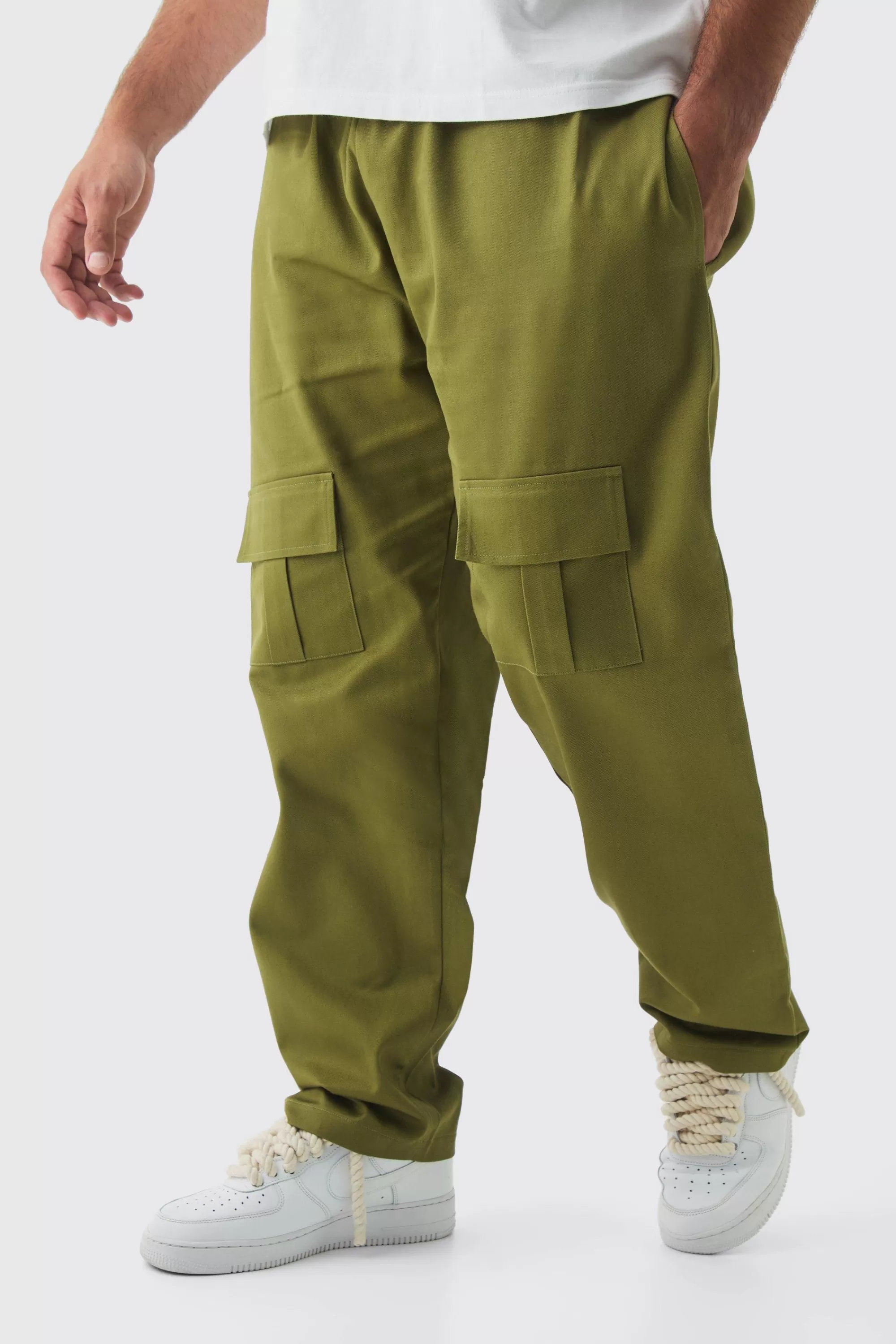 boohooMAN Plus Straight Fit Front Pocket Twill Overdyed Cargo Trouser | UK