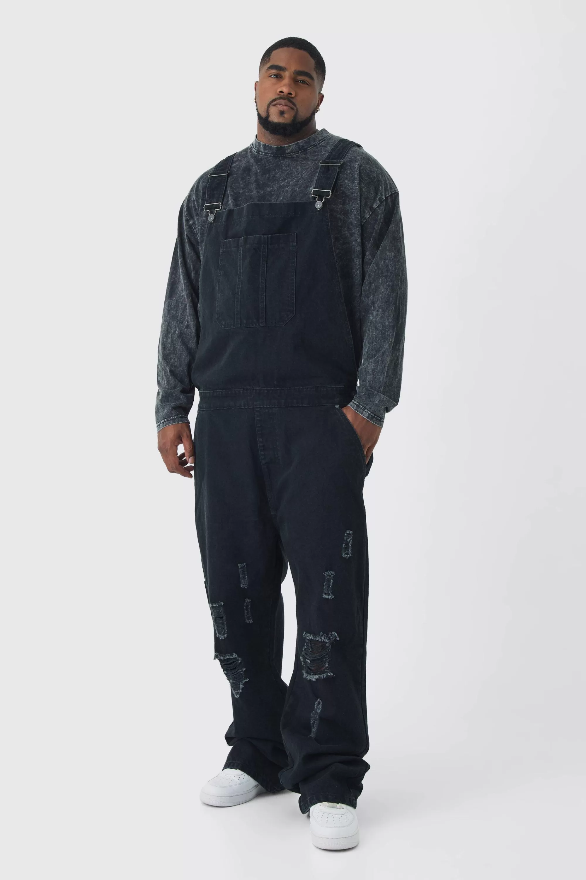 boohooMAN Plus Straight Leg Distressed Dungaree | UK