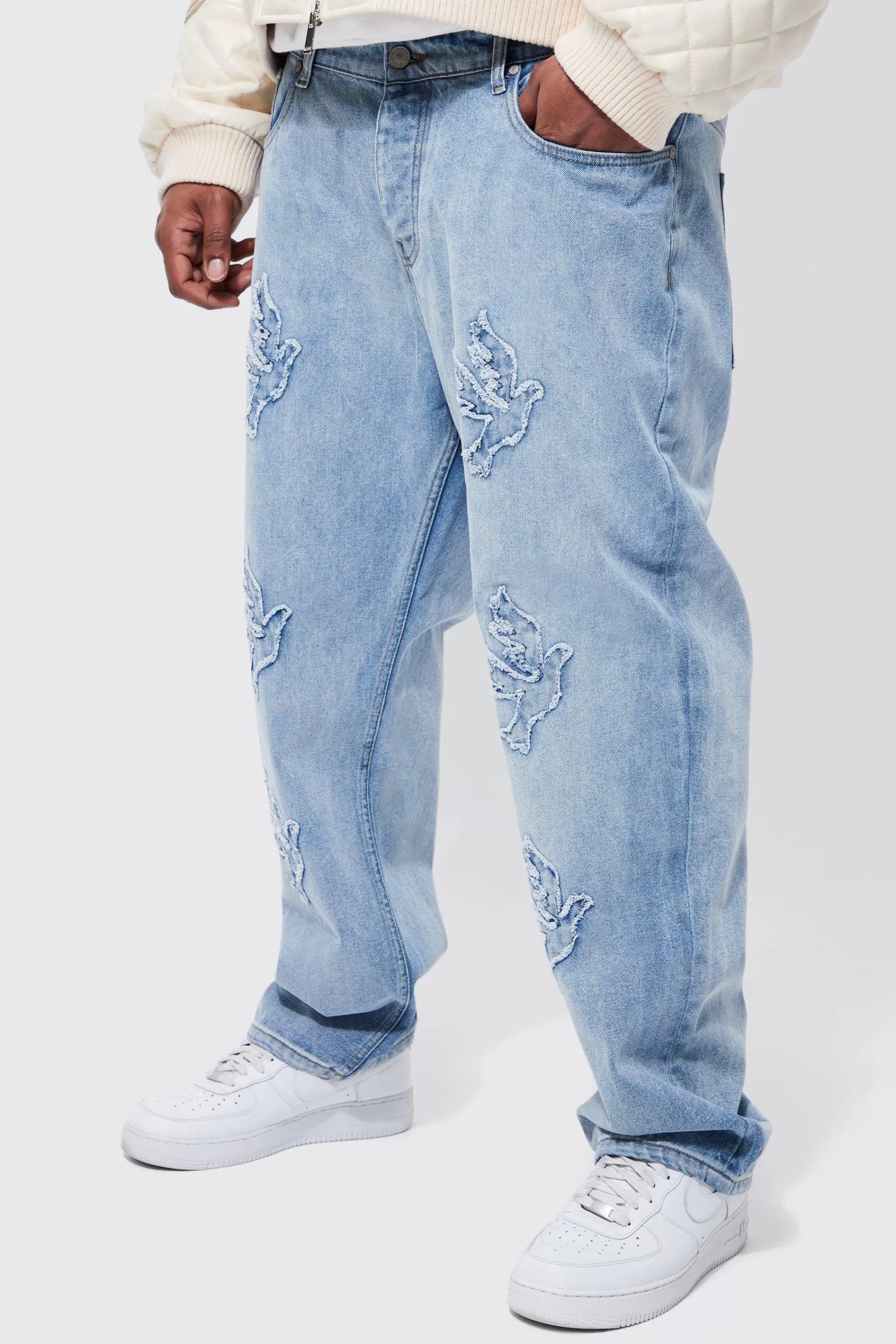 boohooMAN Plus Straight Leg Dove Applique Jean | UK