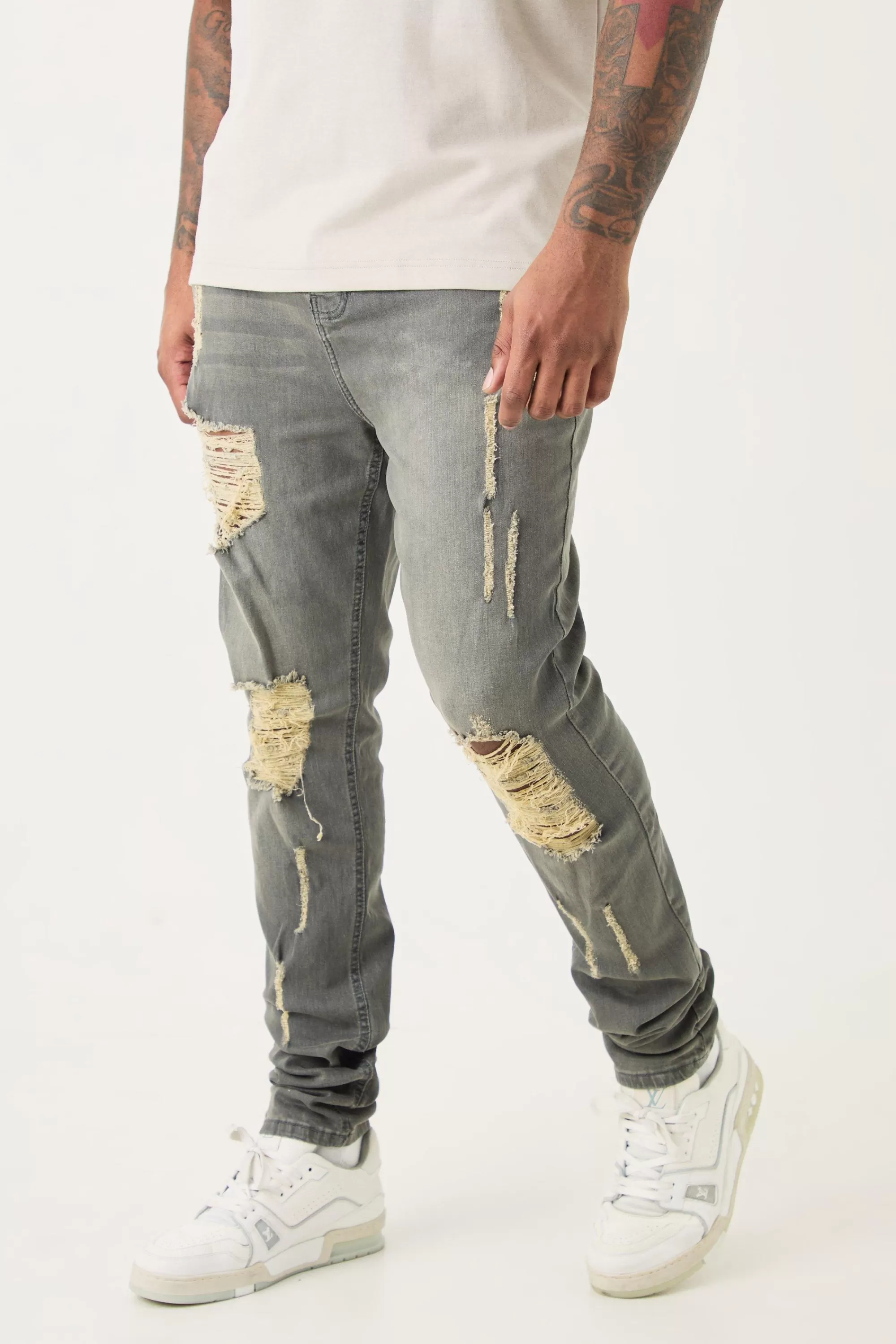 boohooMAN Plus Super Skinny Stretch Multi Rip Stacked Jeans | UK