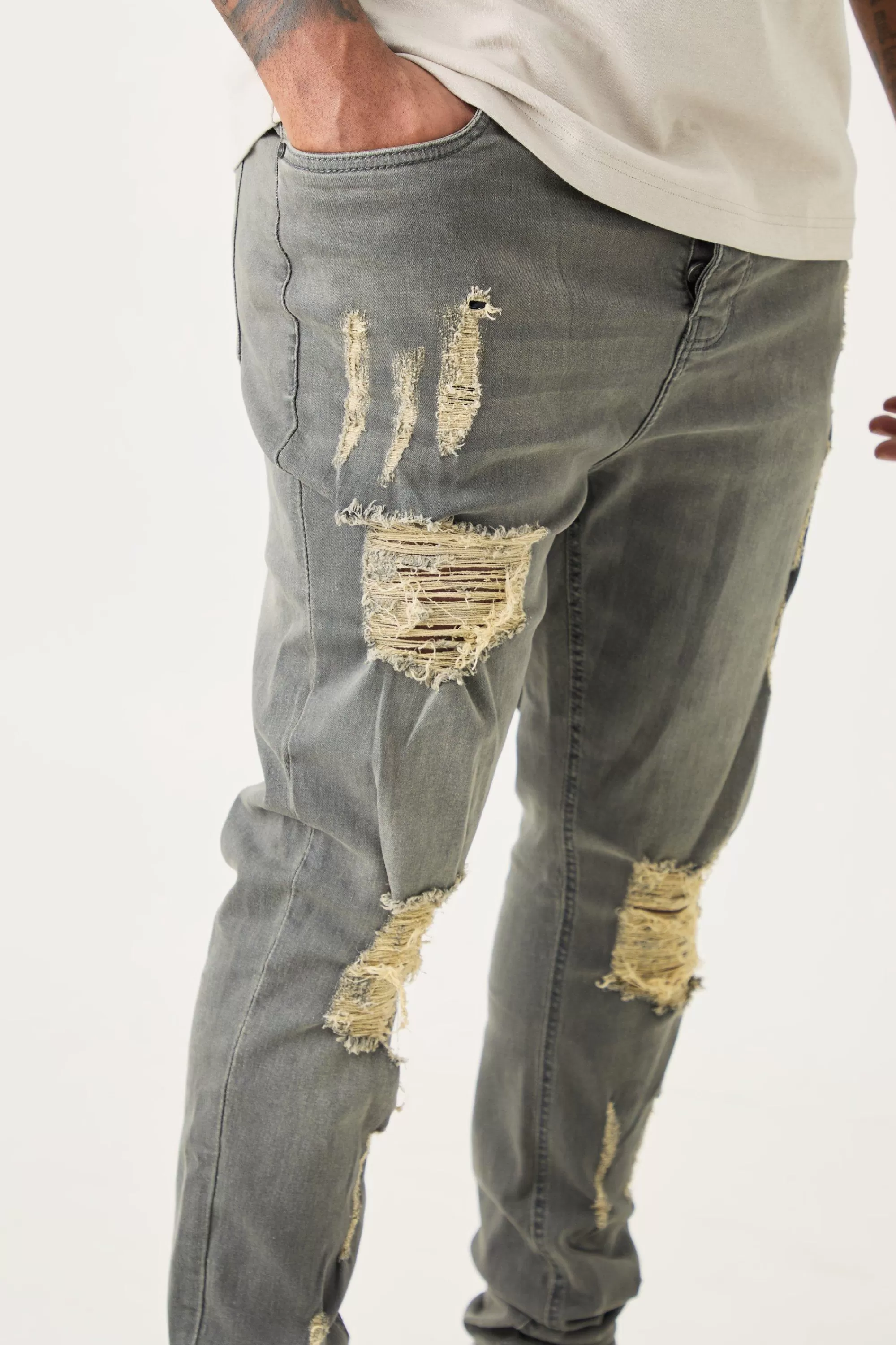 boohooMAN Plus Super Skinny Stretch Multi Rip Stacked Jeans | UK