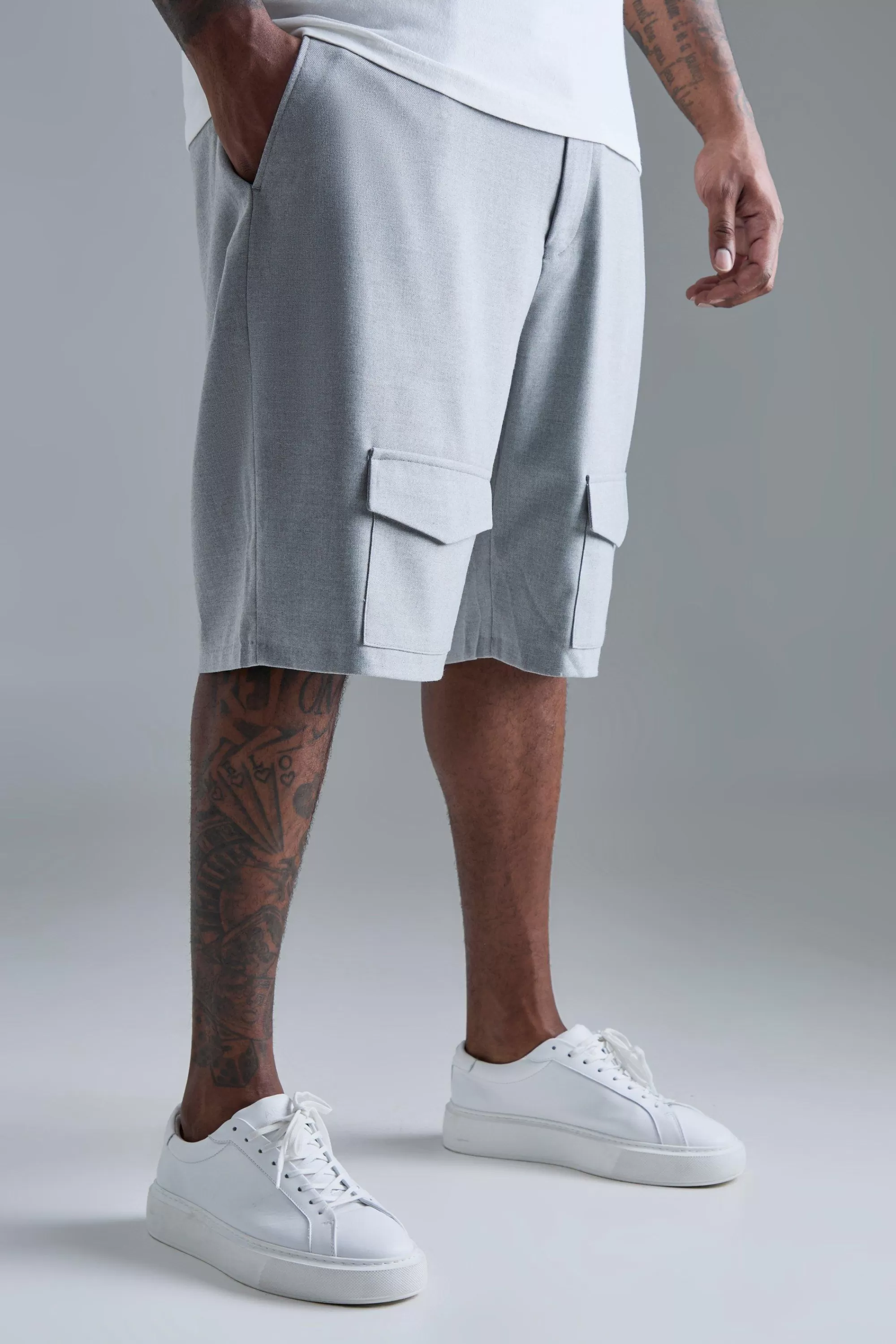 boohooMAN Plus Tailored Drop Cargo Shorts | UK