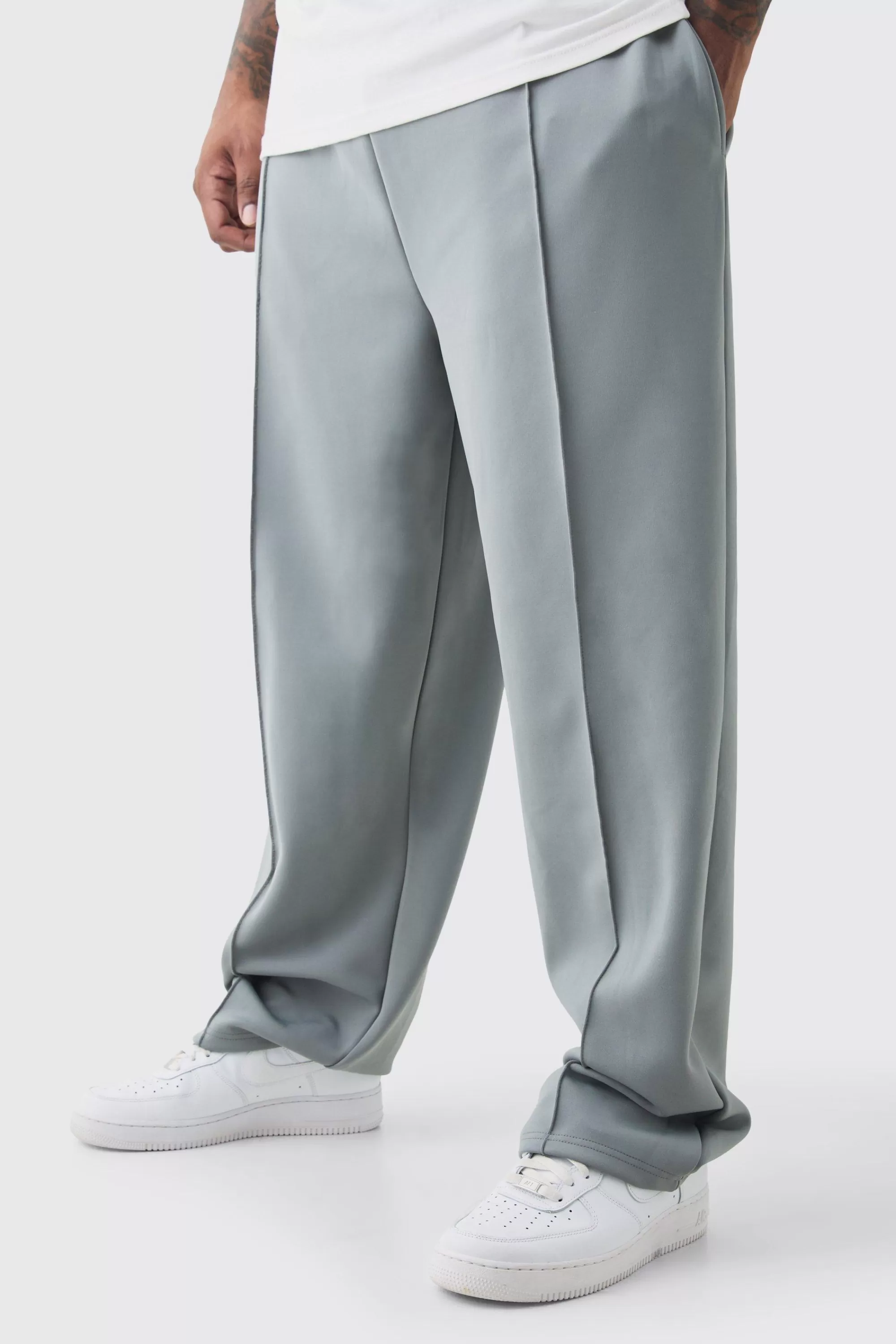 boohooMAN Plus Tricot Pin Tuck Relaxed Fit Trousers | UK