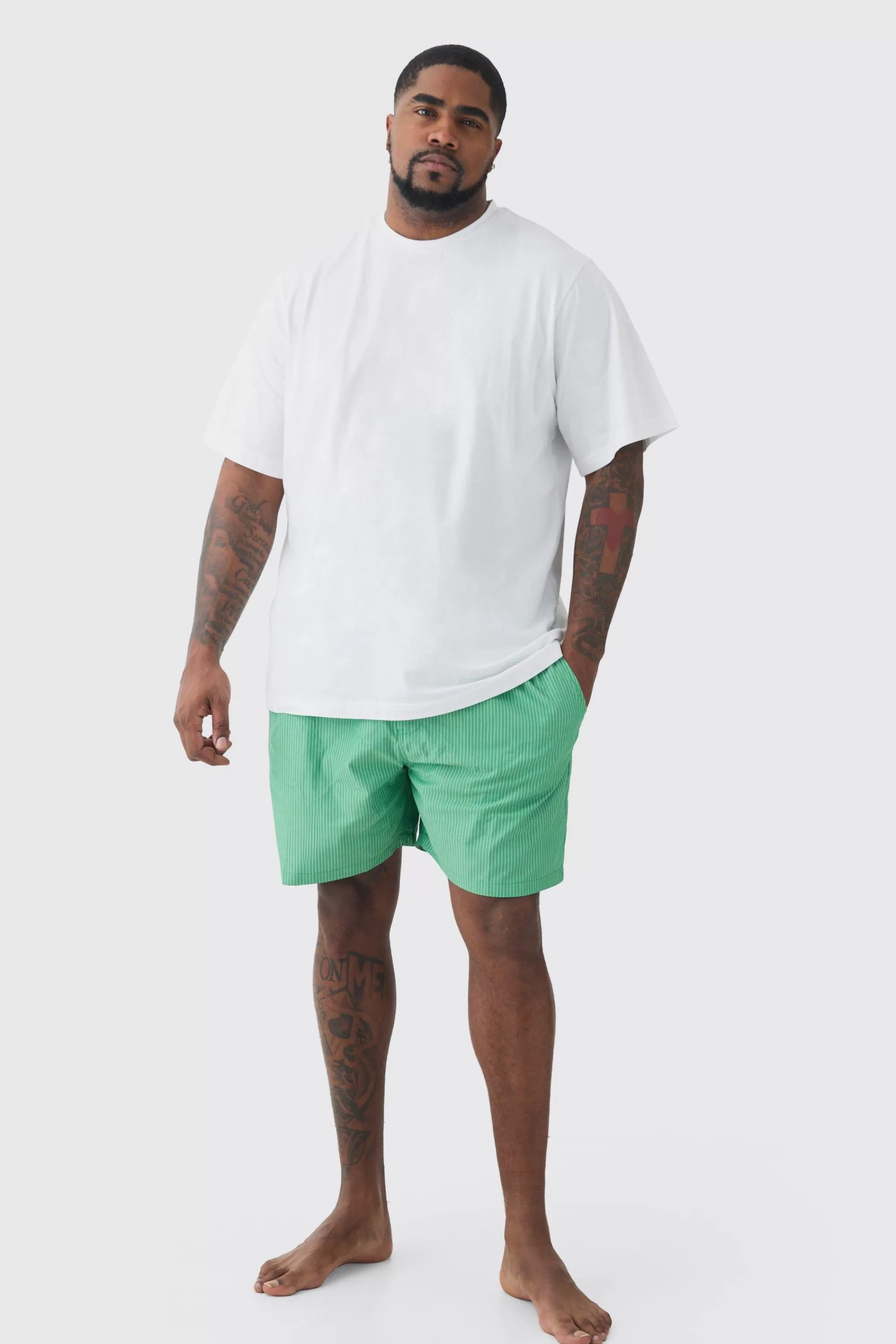 boohooMAN Plus T-shirt & Short Stripe Lounge Set | UK