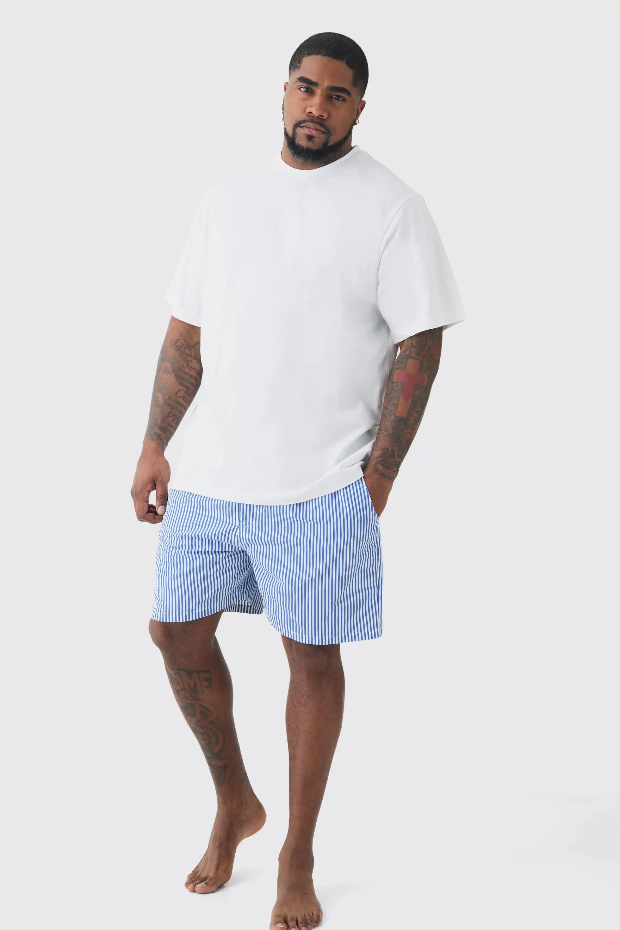 boohooMAN Plus T-shirt & Short Stripe Lounge Set | UK