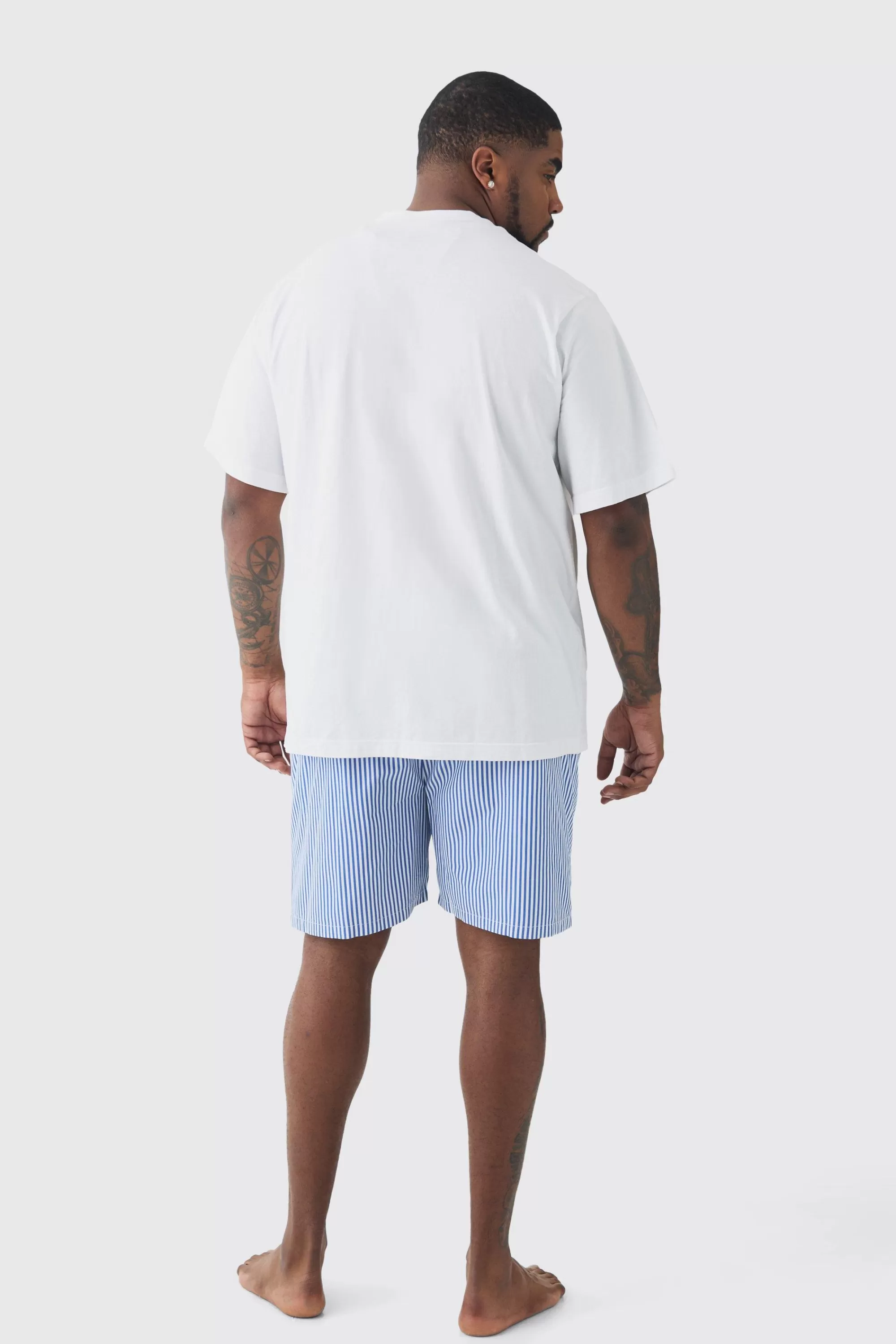 boohooMAN Plus T-shirt & Short Stripe Lounge Set | UK