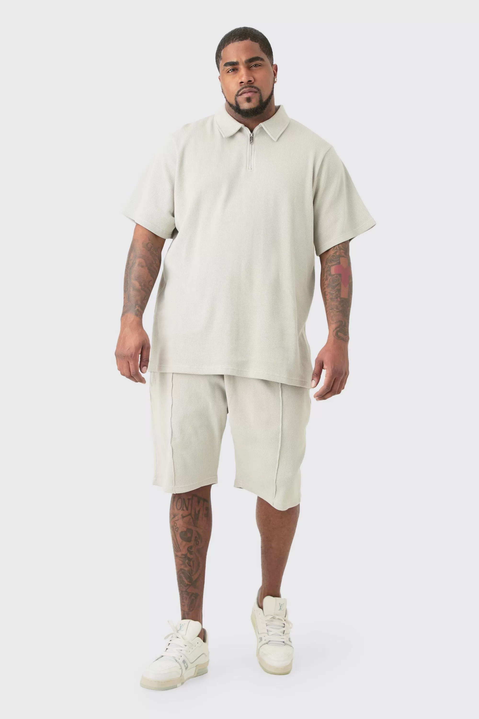 boohooMAN Plus Waffle Polo & Short Set | UK
