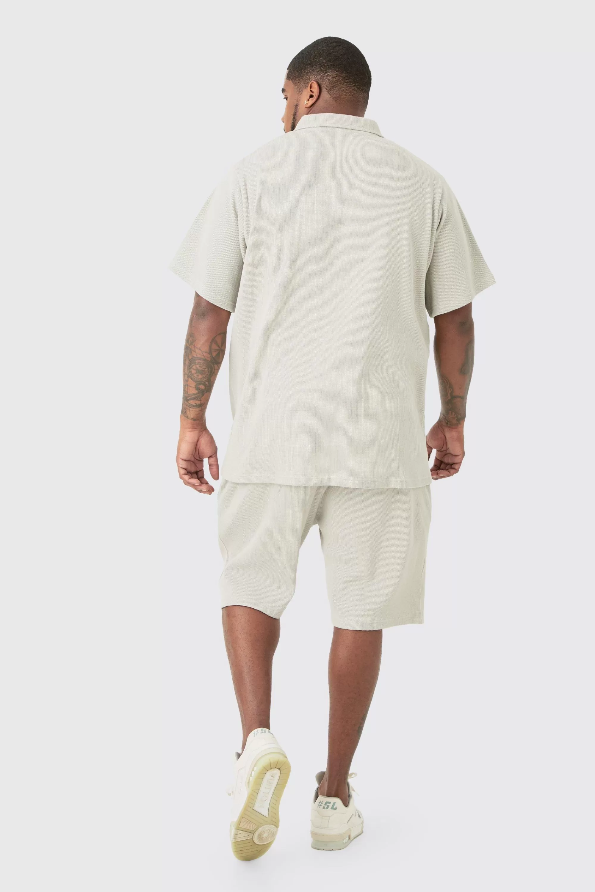 boohooMAN Plus Waffle Polo & Short Set | UK