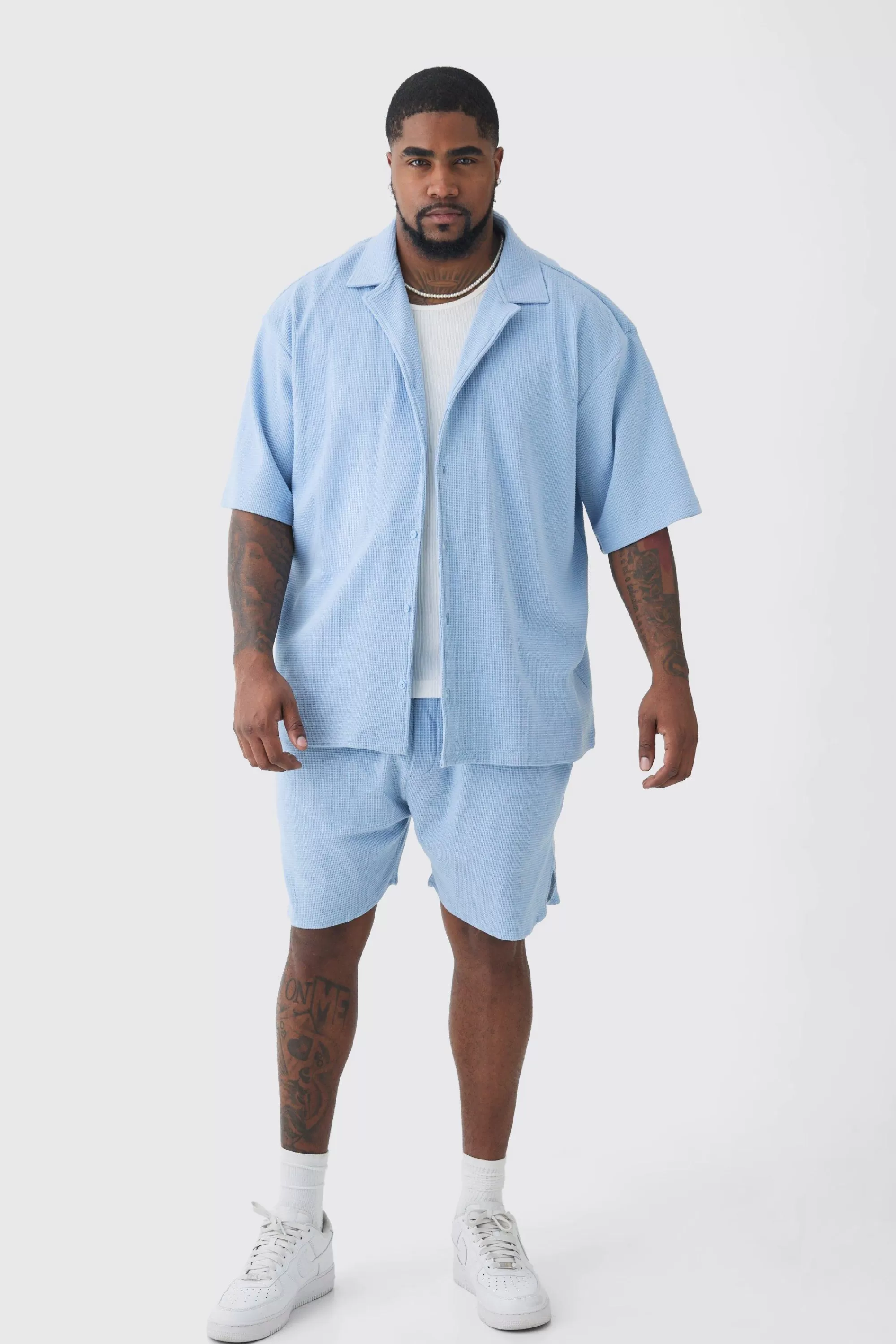 boohooMAN Plus Waffle Short Sleeve Shirt And Short Set | UK