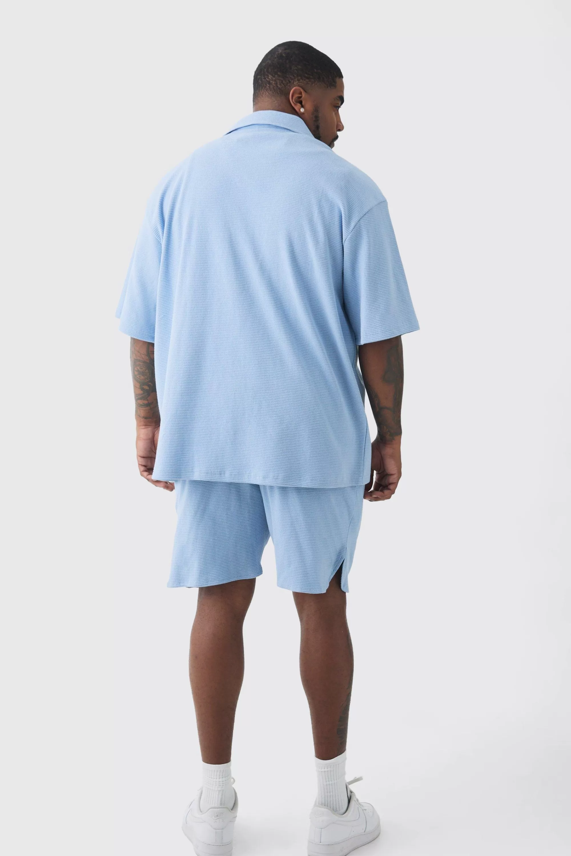 boohooMAN Plus Waffle Short Sleeve Shirt And Short Set | UK