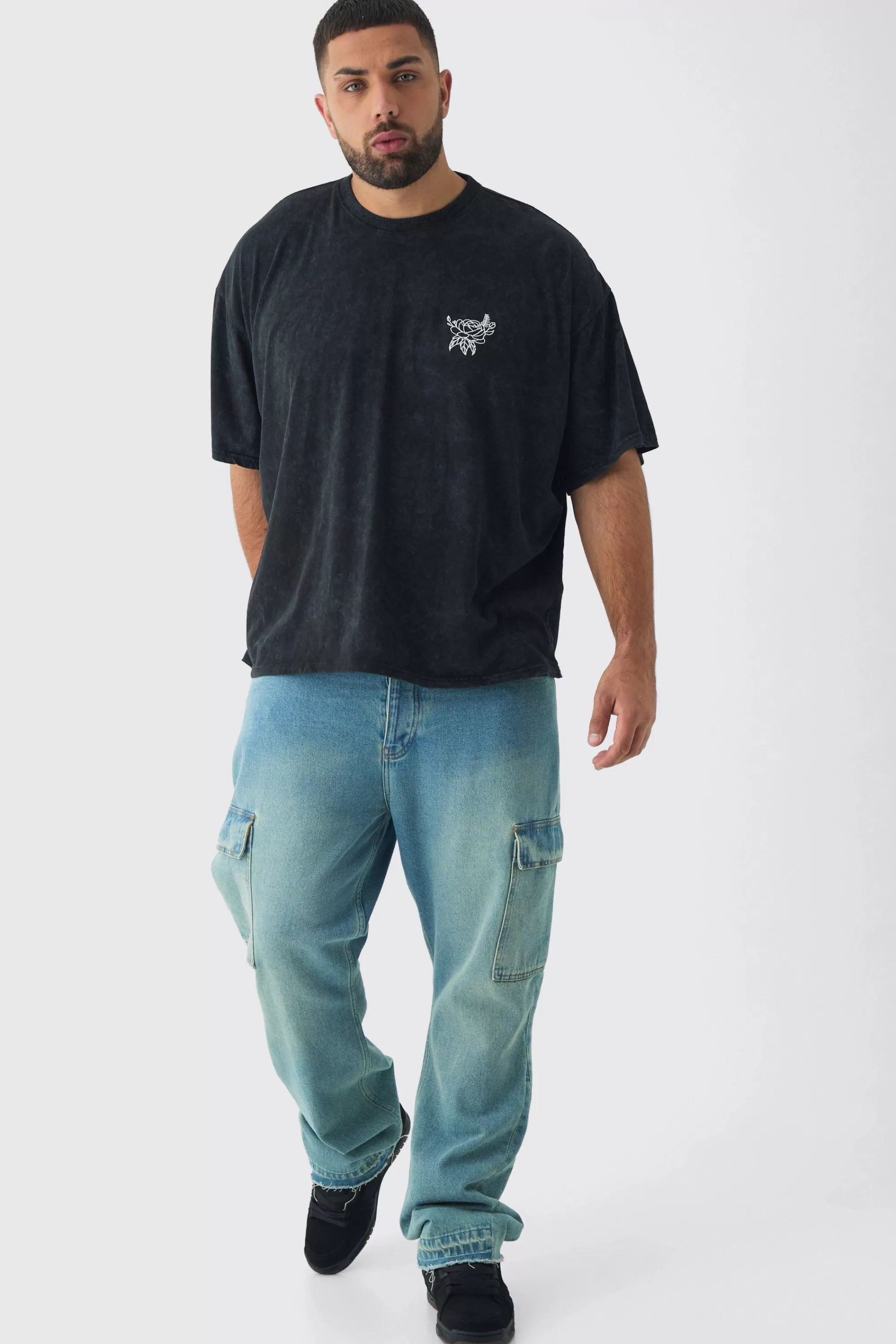 boohooMAN Plus Washed Floral Embroidered T-Shirt | UK