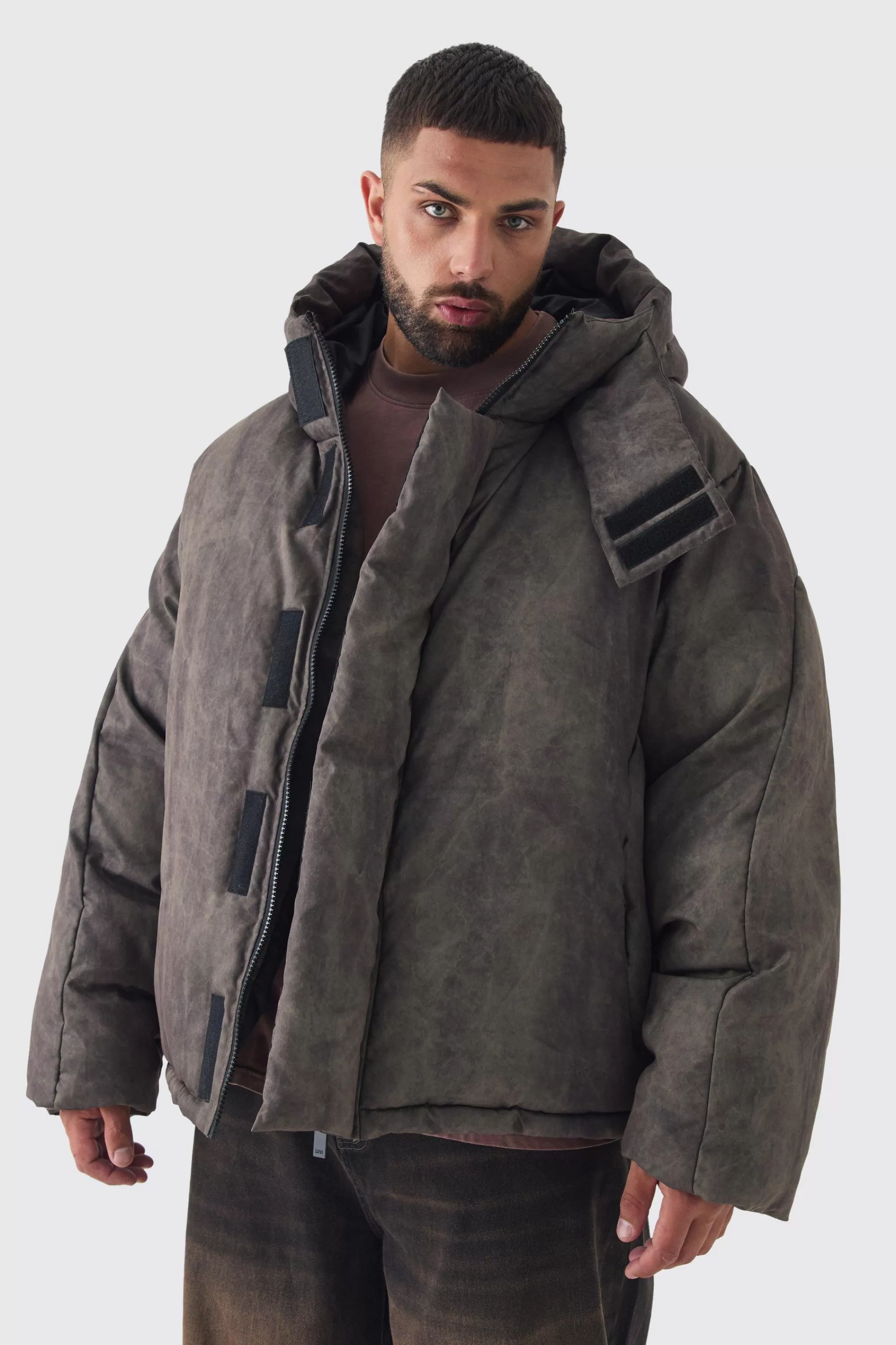 boohooMAN Plus Washed Hooded Puffer Jacket In | UK