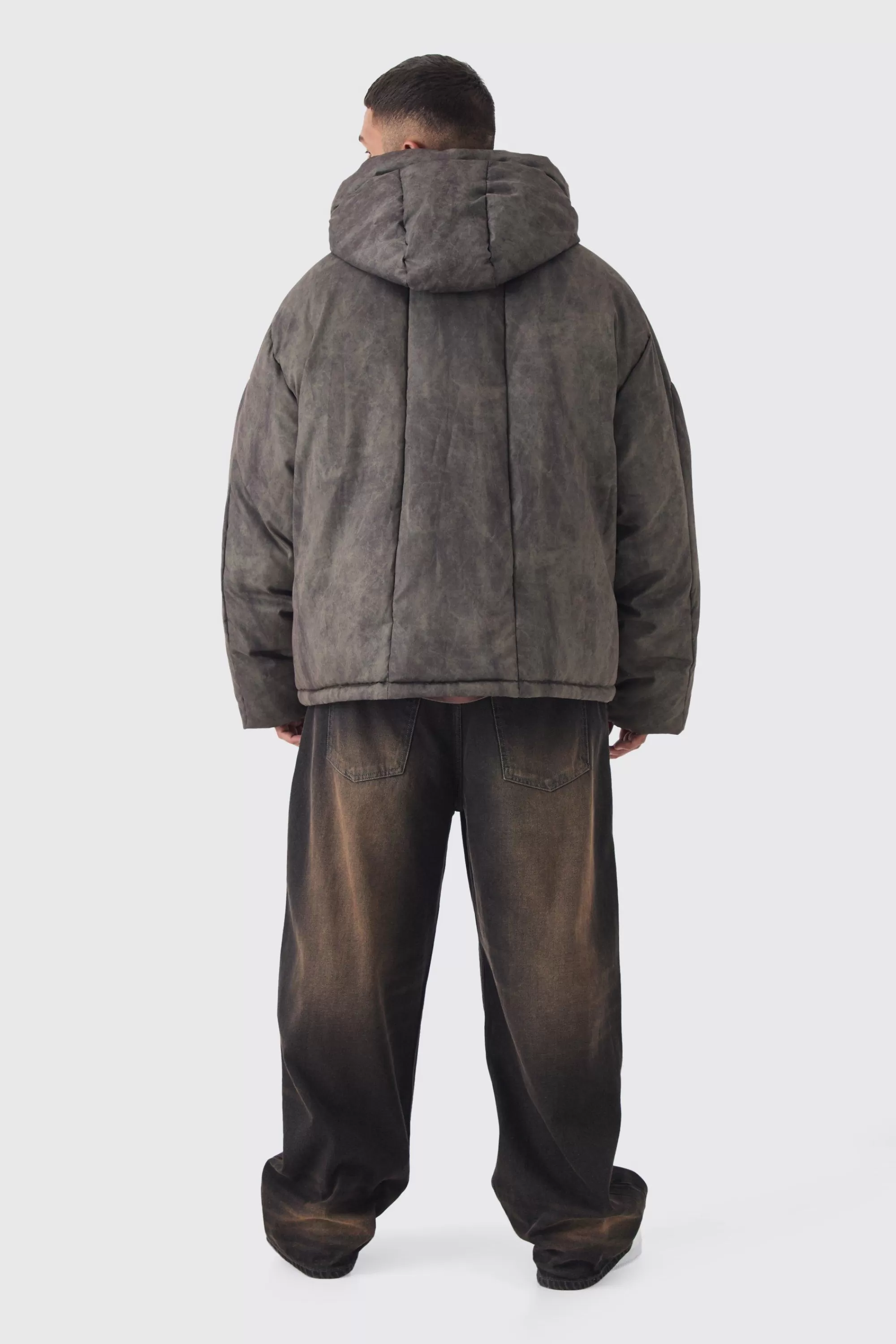 boohooMAN Plus Washed Hooded Puffer Jacket In | UK