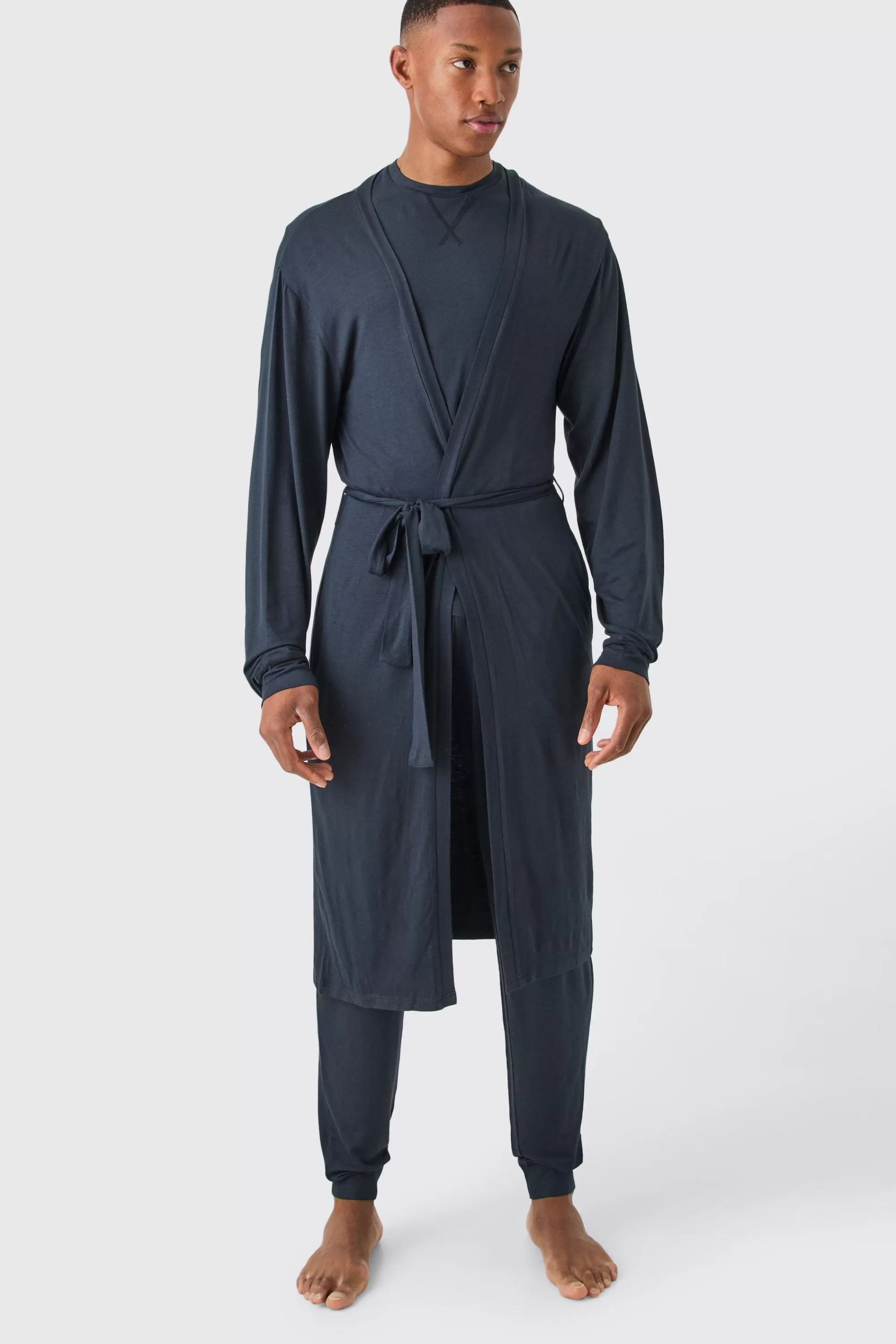 boohooMAN Premium Modal Mix Relaxed Robe, T-shirt & Lounge Bottom Set | UK