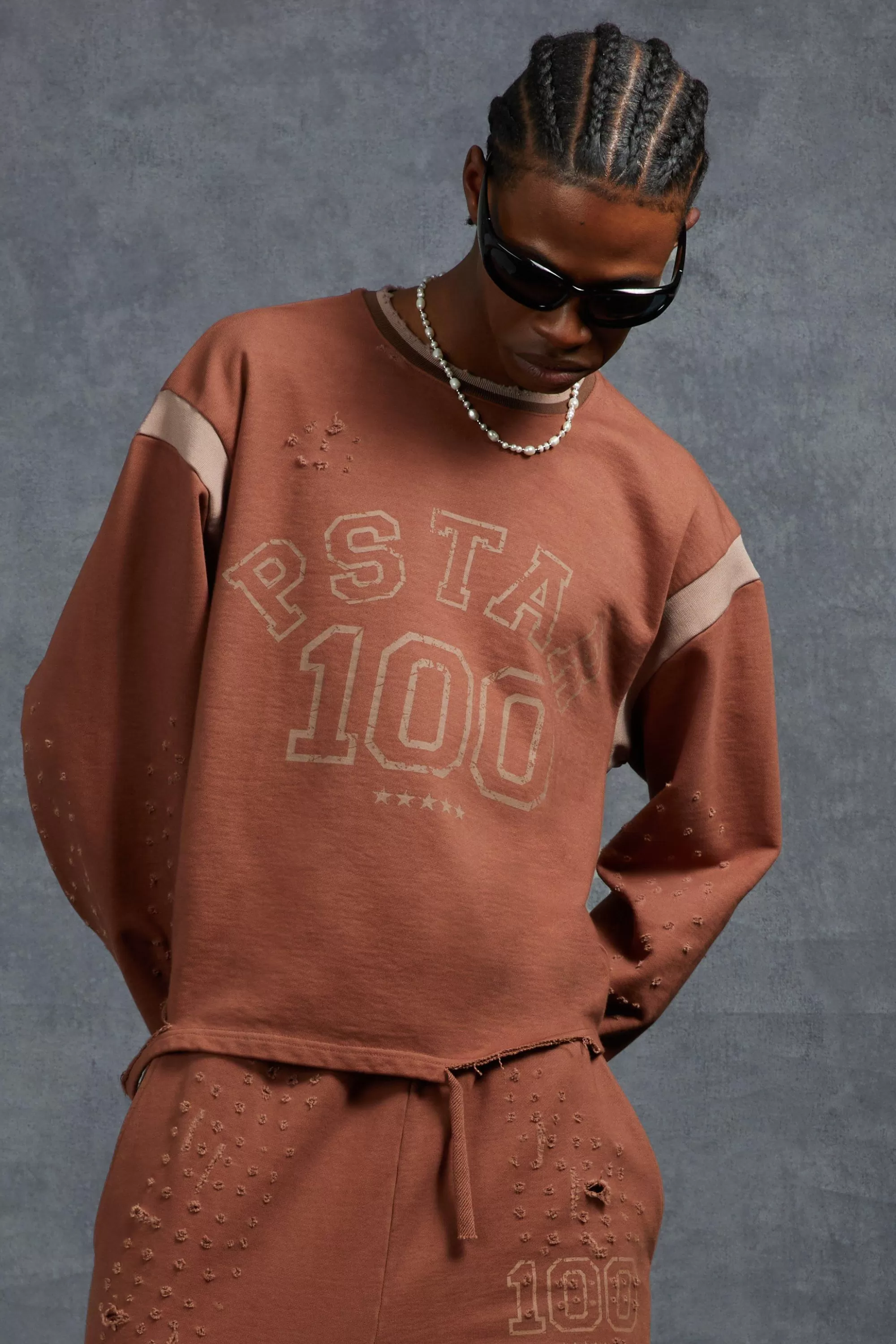 boohooMAN P-Star Oversized Cropped Sweatshirt With 100 Print | UK