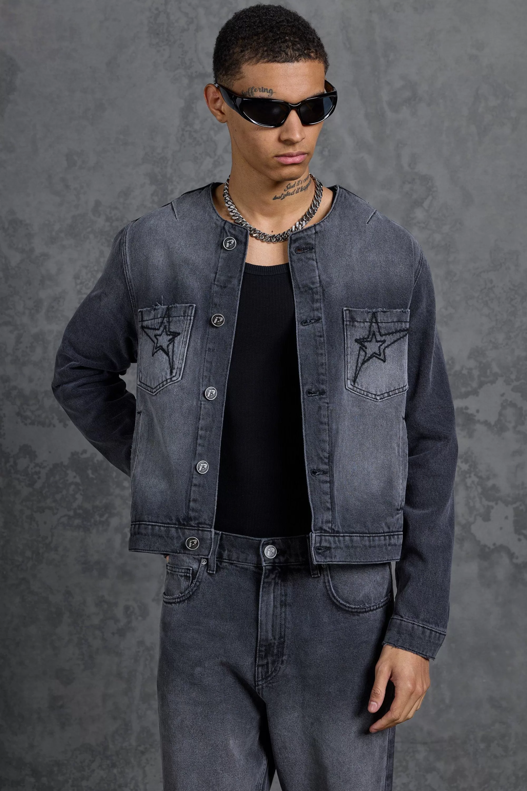 boohooMAN P-Star Regular Fit Boxy Collarless Denim Jacket | UK