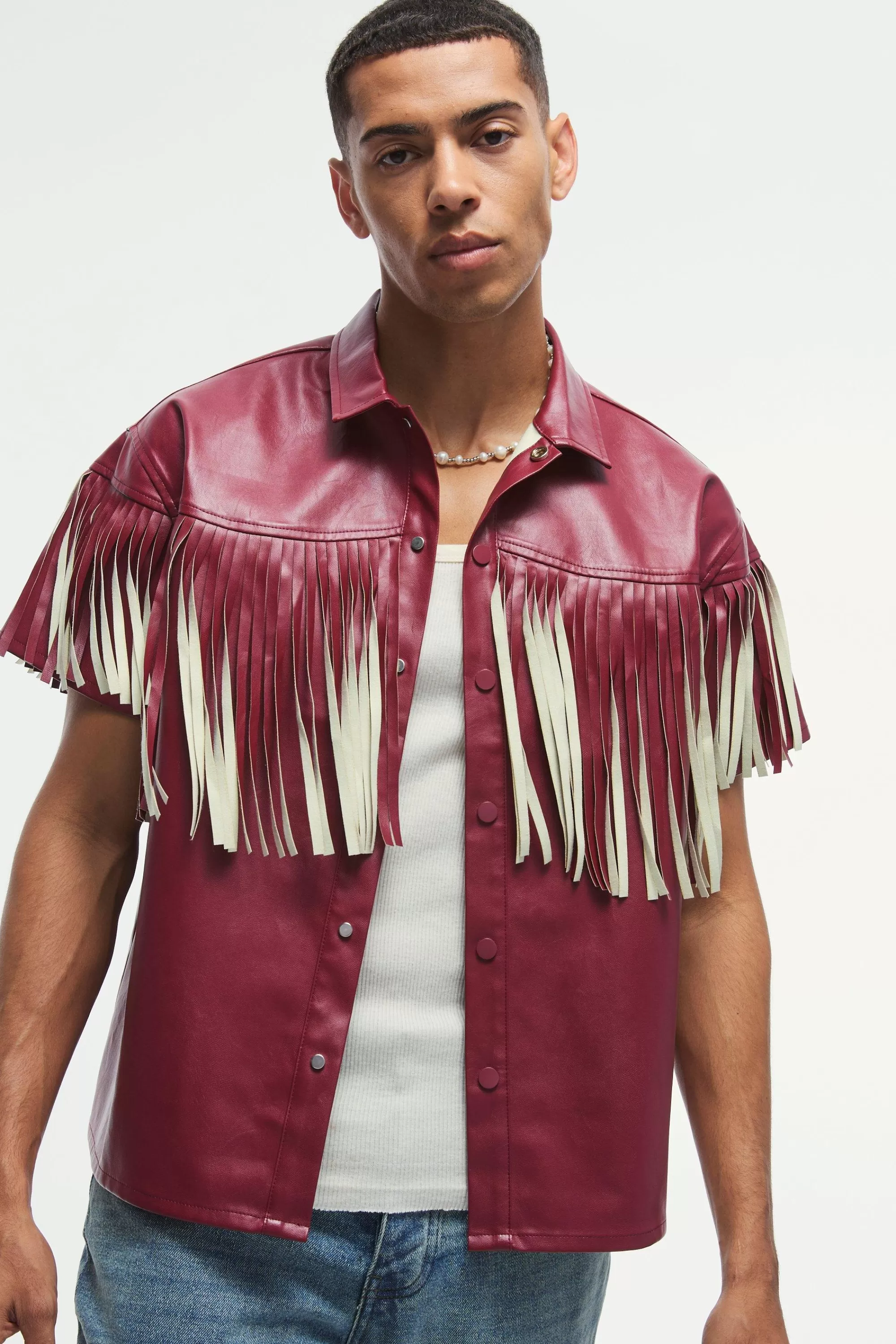 boohooMAN PU Oversized Boxy Fringe Shirt | UK