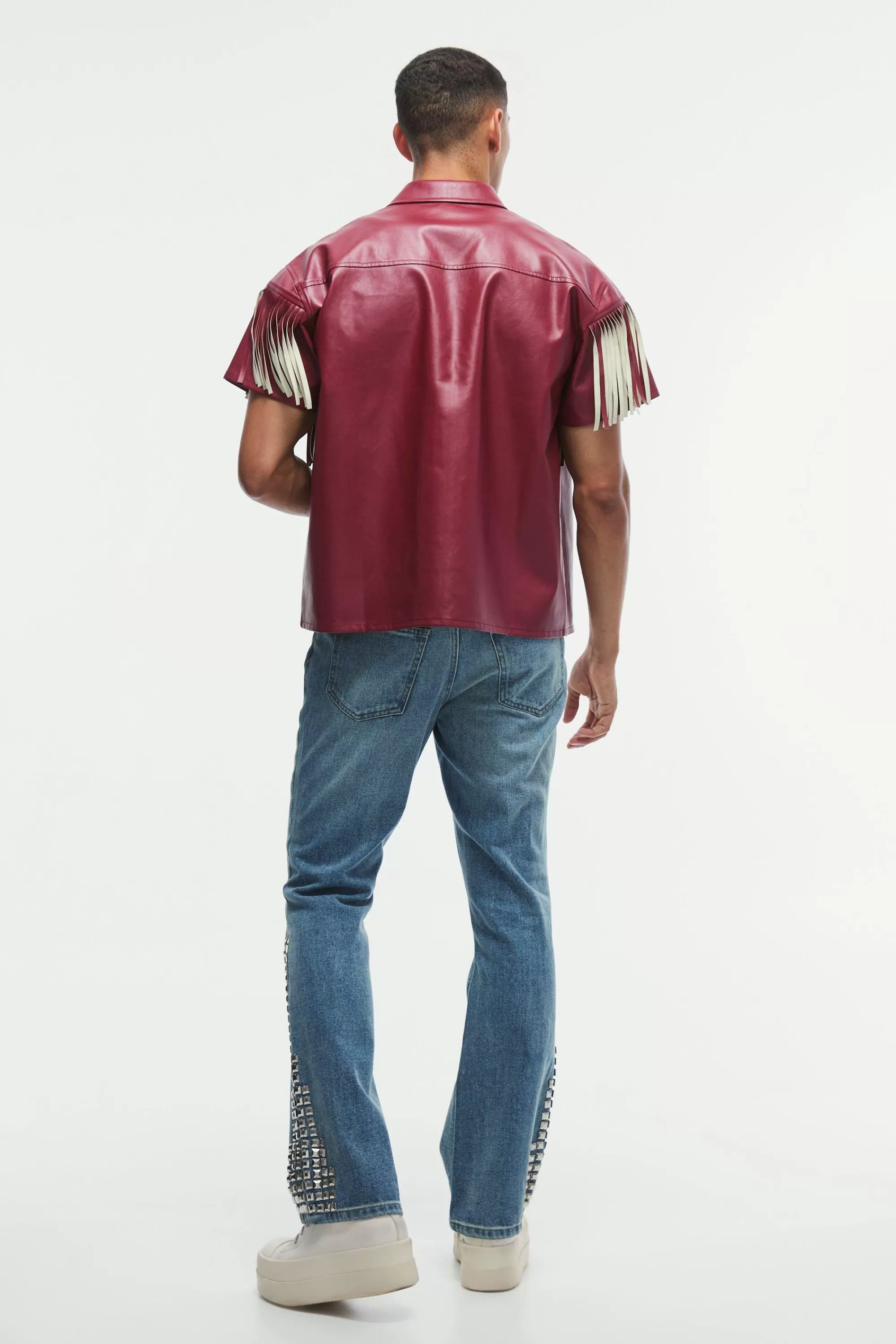 boohooMAN PU Oversized Boxy Fringe Shirt | UK
