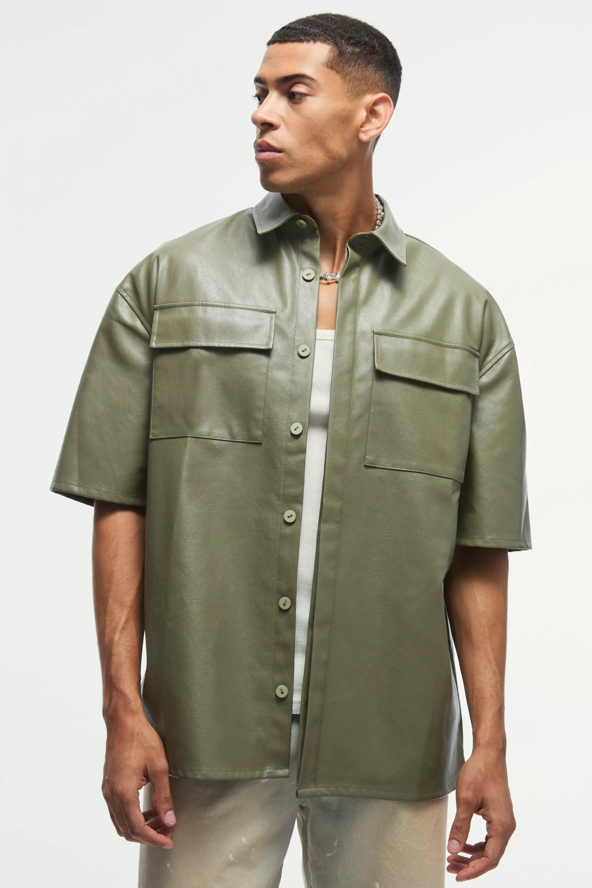 boohooMAN Pu Oversized Boxy Shirt | UK