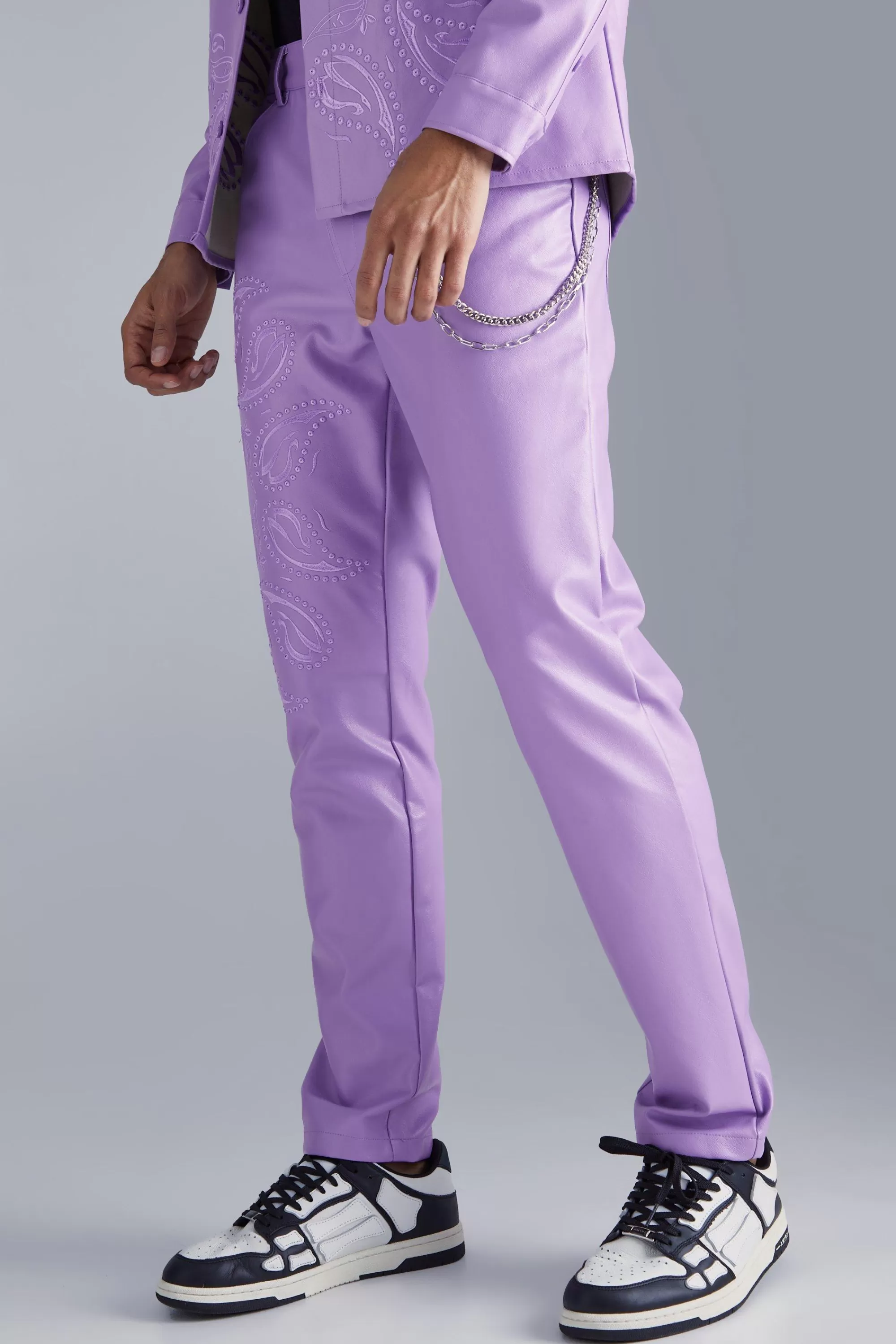 boohooMAN Pu Paisley Embroidered Slim Trouser | UK