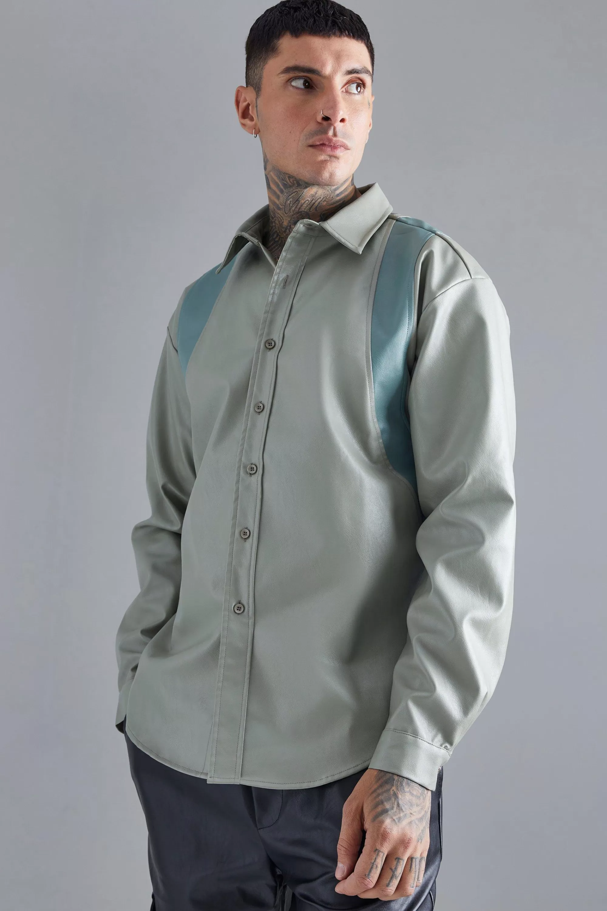 boohooMAN Pu Panel Detail Overshirt | UK