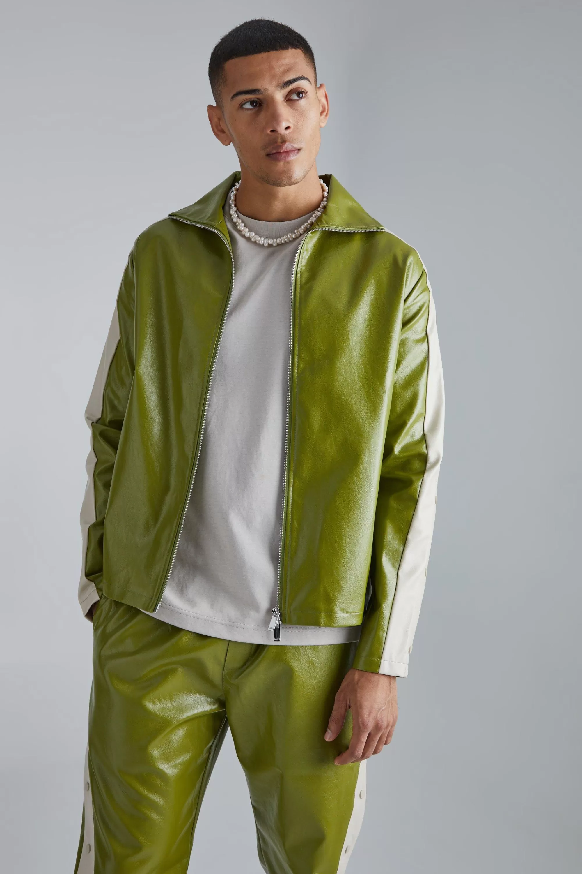 boohooMAN Pu Popper Sleeve Funnel Neck Jacket | UK