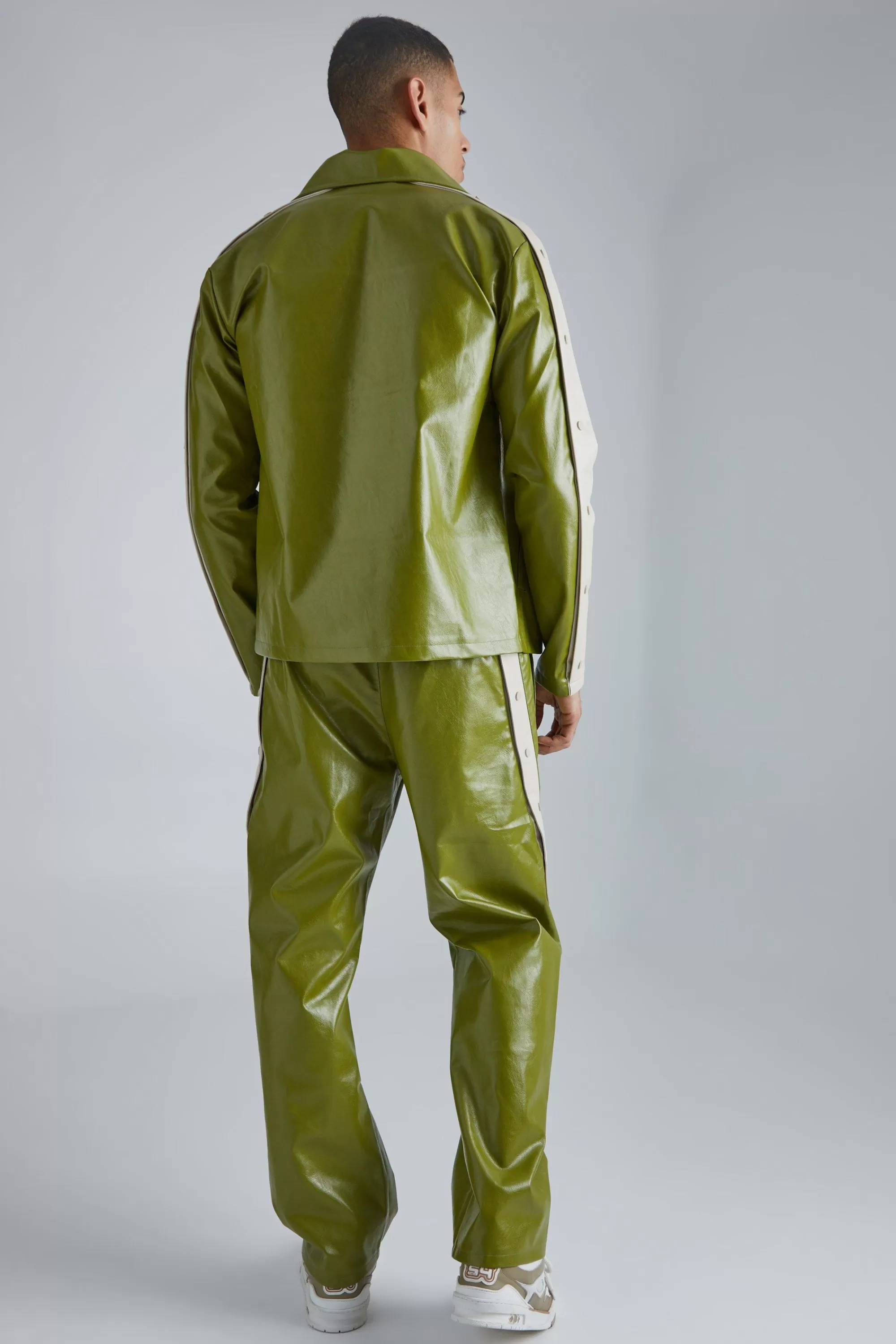boohooMAN Pu Popper Sleeve Funnel Neck Jacket | UK