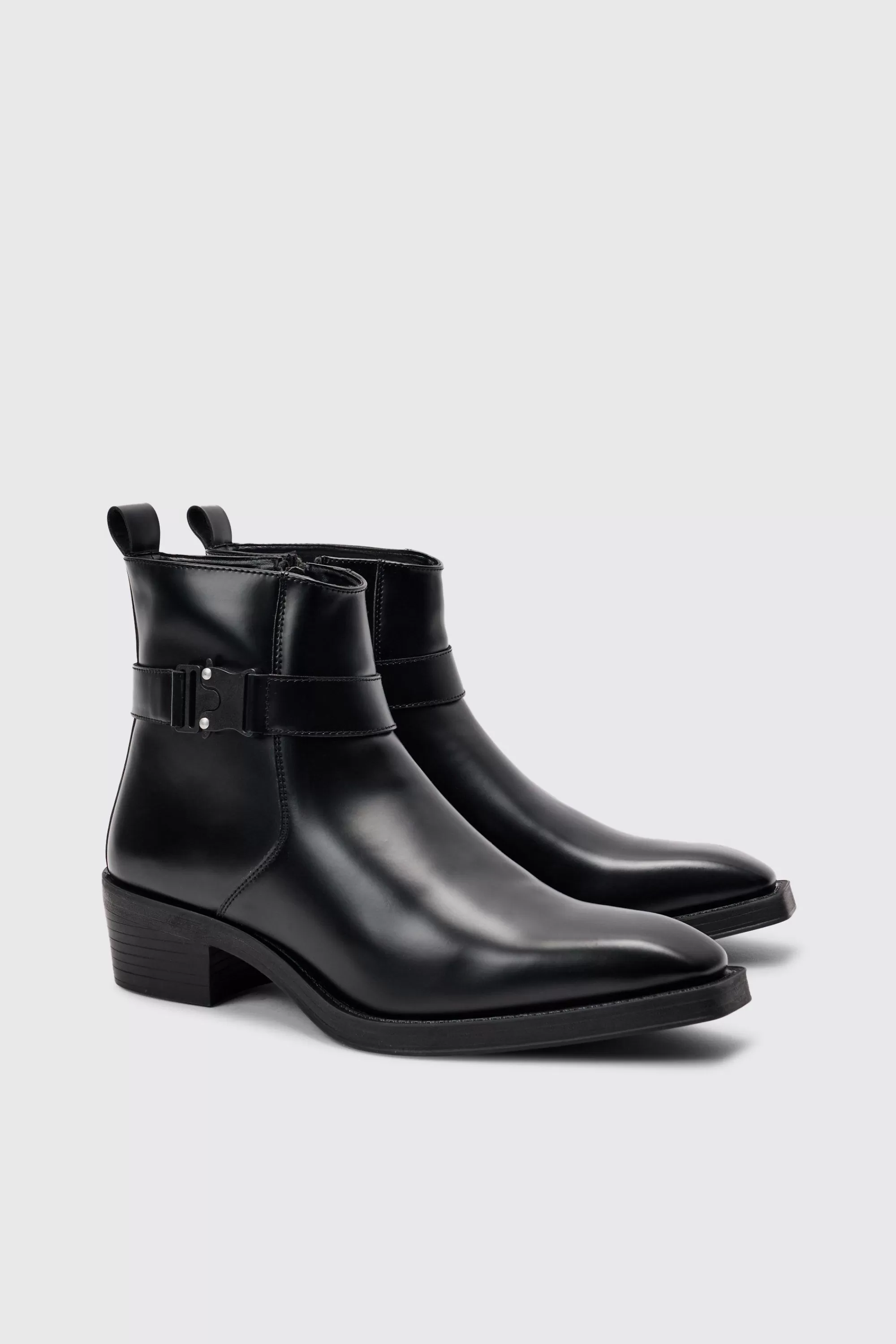 boohooMAN PU Square Toe Buckle Detail Boot In | UK