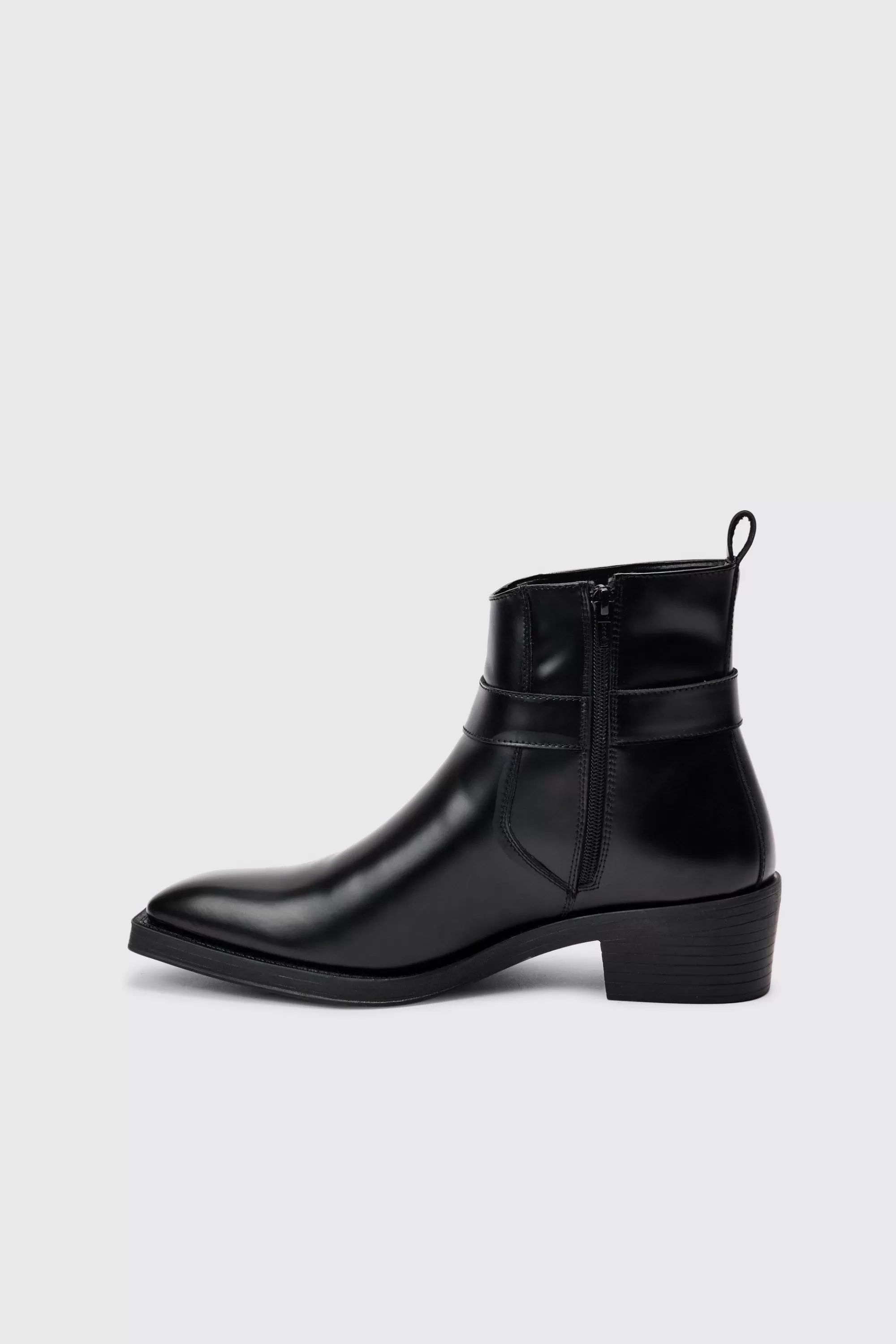boohooMAN PU Square Toe Buckle Detail Boot In | UK